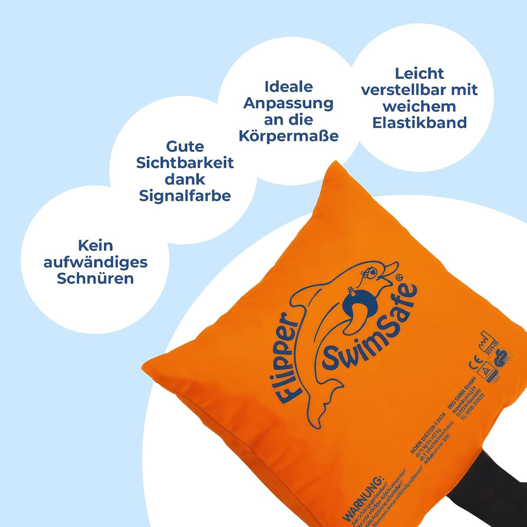 Flipper SwimSafe 1080 Schwimmkissen Baby Baumwolle verstellbares Band Orange