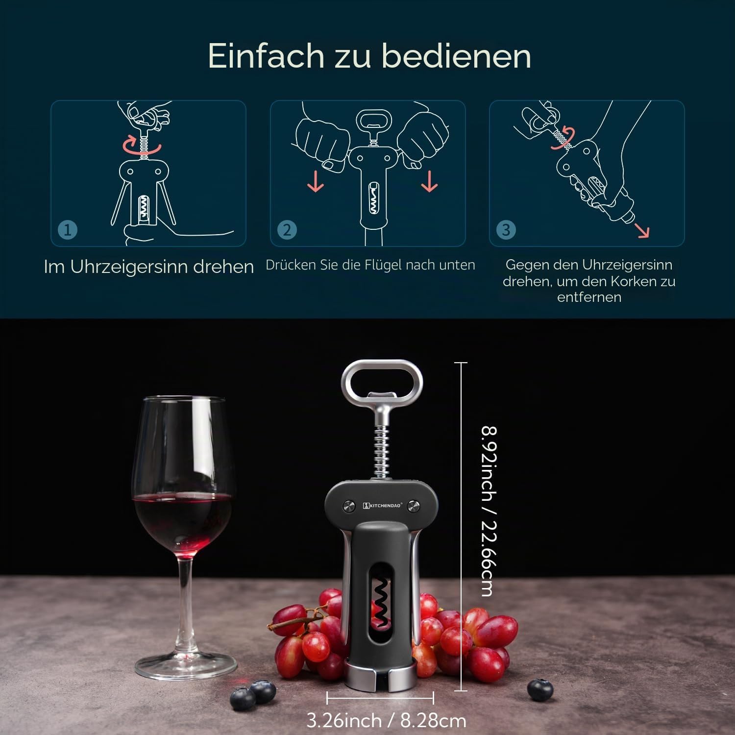 3in1 Korkenzieher Flaschenoeffner schwarz Weinoeffner