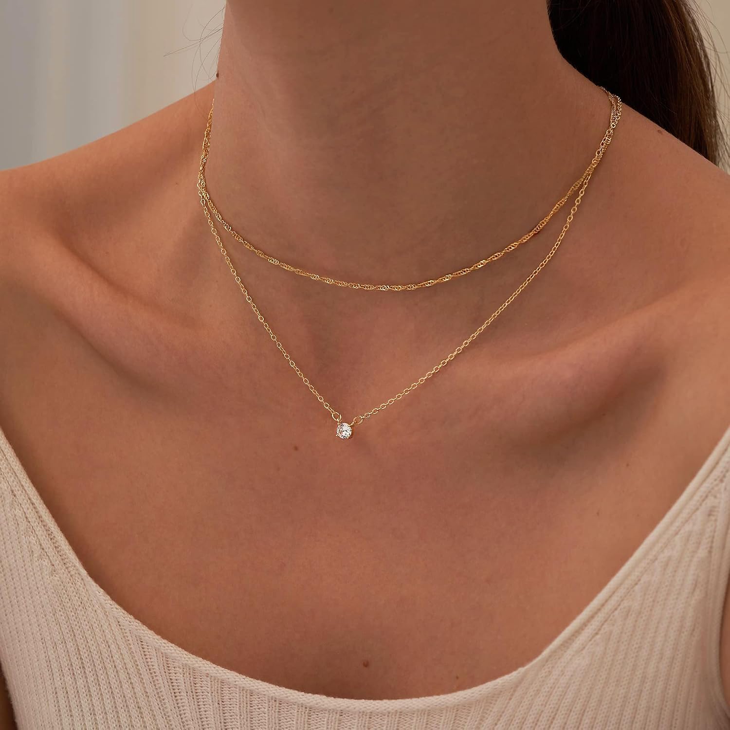 Tewiky Damen Layering Kette 14K Gold vergoldet Silber 925 Choker mit Zirkonia