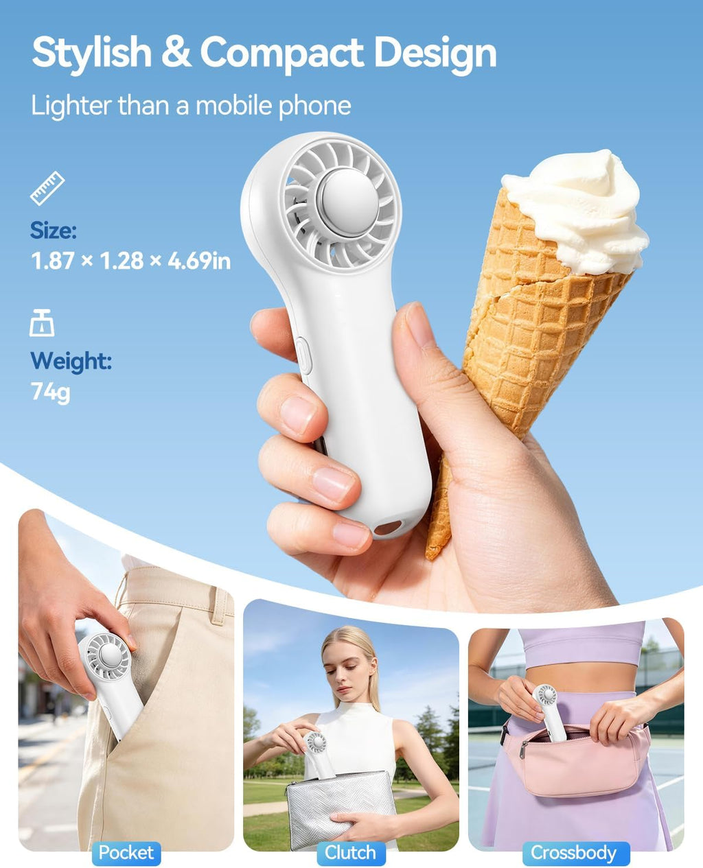 Handventilator mit Kuehlfunktion 20000 RPM USB Akku 20.5h 4 Stufen Lila