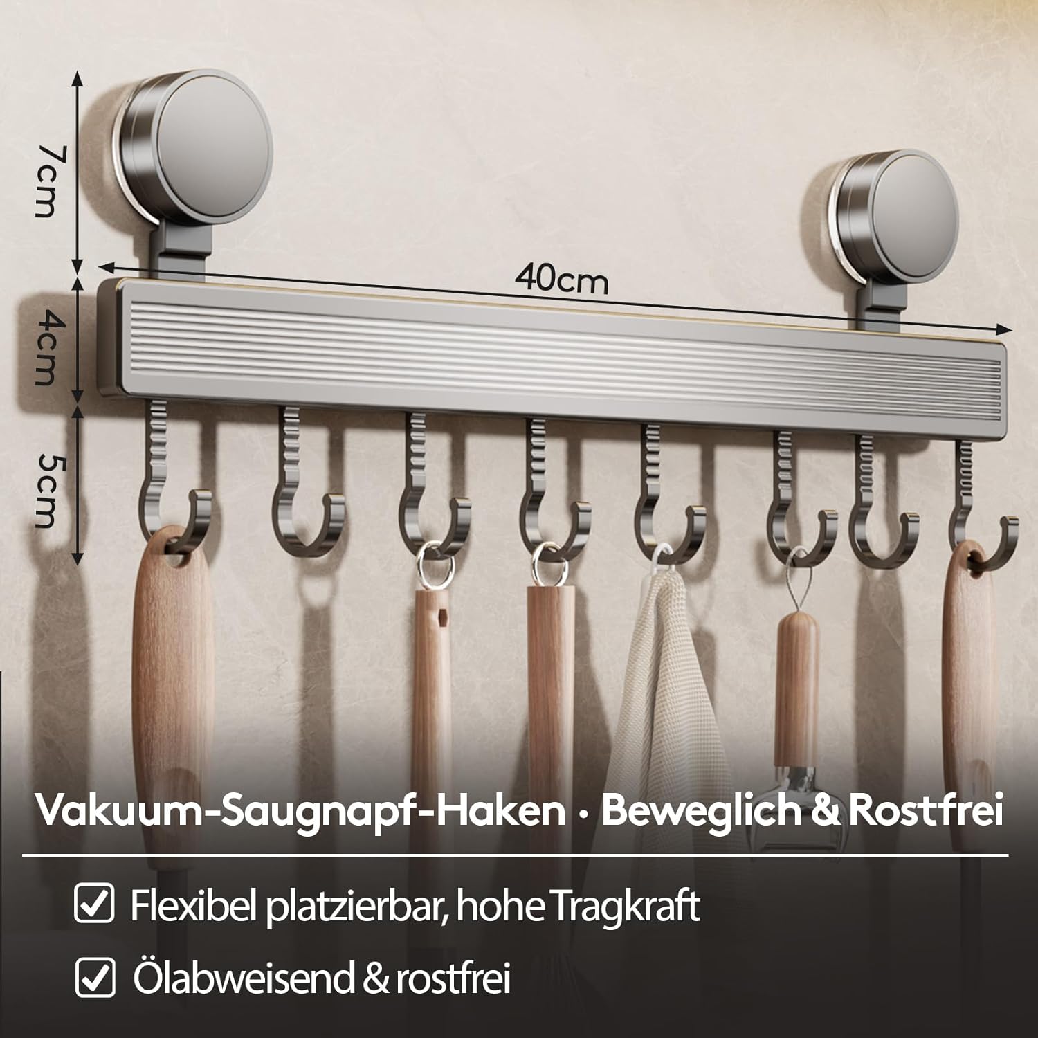 Hakenleiste 40 cm mit 8 Saugnapf-Haken fuer Kueche ohne Bohren