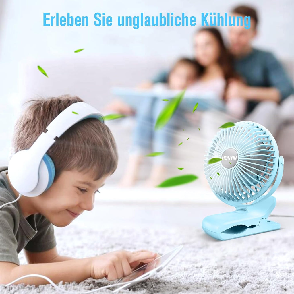 HONYIN Mini Ventilator mit Clip 720° drehbar USB 3 Stufen starke Klammer