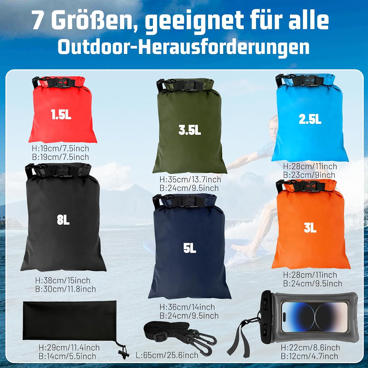 Dry Bag Set 6 wasserdichte Packsaecke 1,5/2,5/3/3,5/5/8 L mit Tragegurt