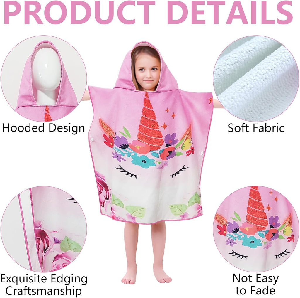 Badeponcho Kinder Mikrofaser mit Kapuze und Druckknoepfen, saugfaehig, Rosa Blumen