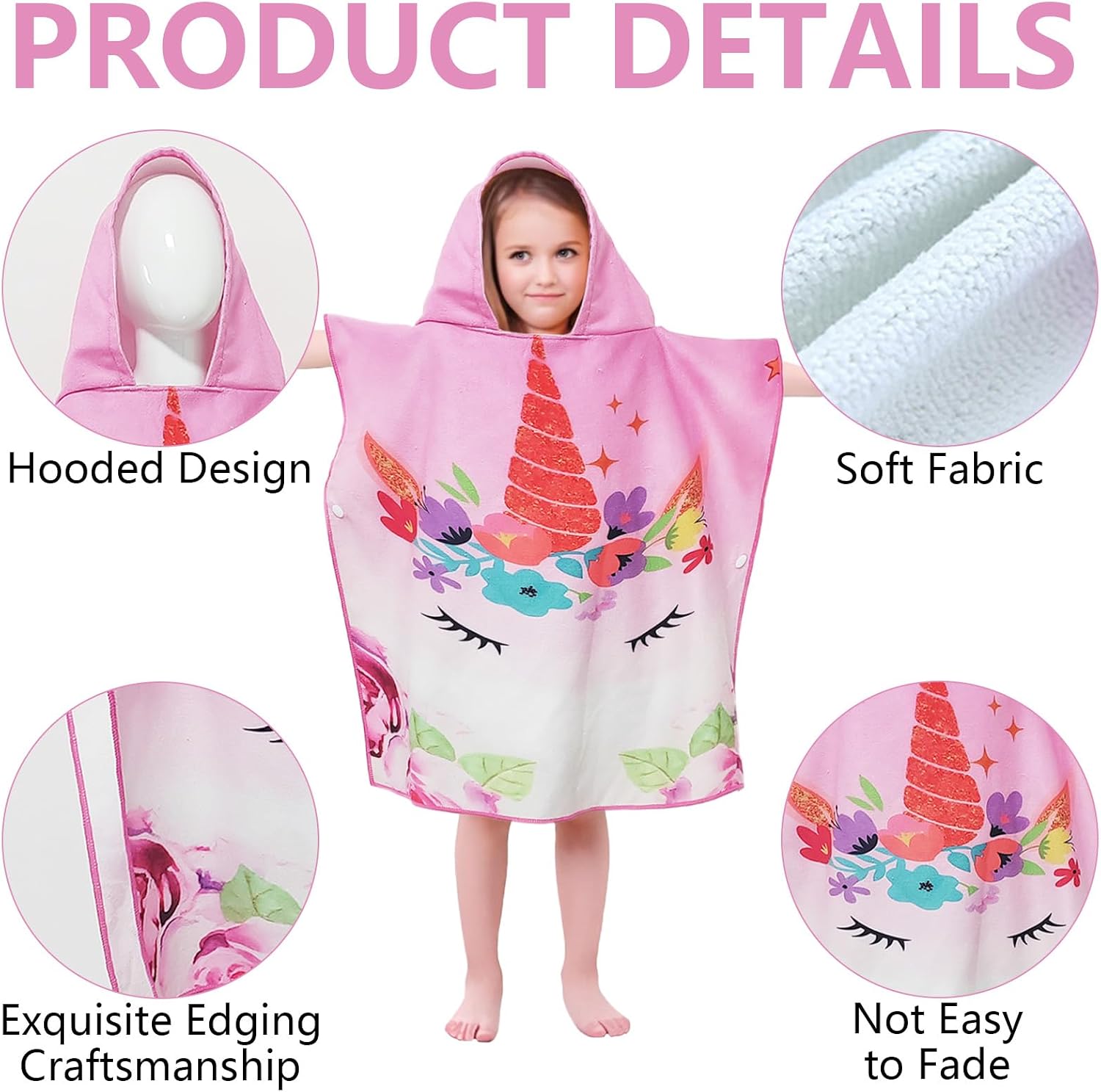 Badeponcho Kinder Mikrofaser mit Kapuze und Druckknoepfen, saugfaehig, Rosa Blumen
