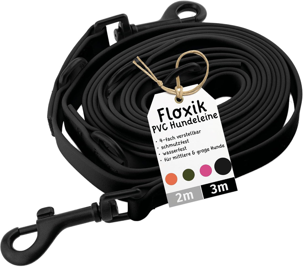 Floxik PVC Hundeleine verstellbar 2m-3m Schwarz - wasserfest schmutzabweisend