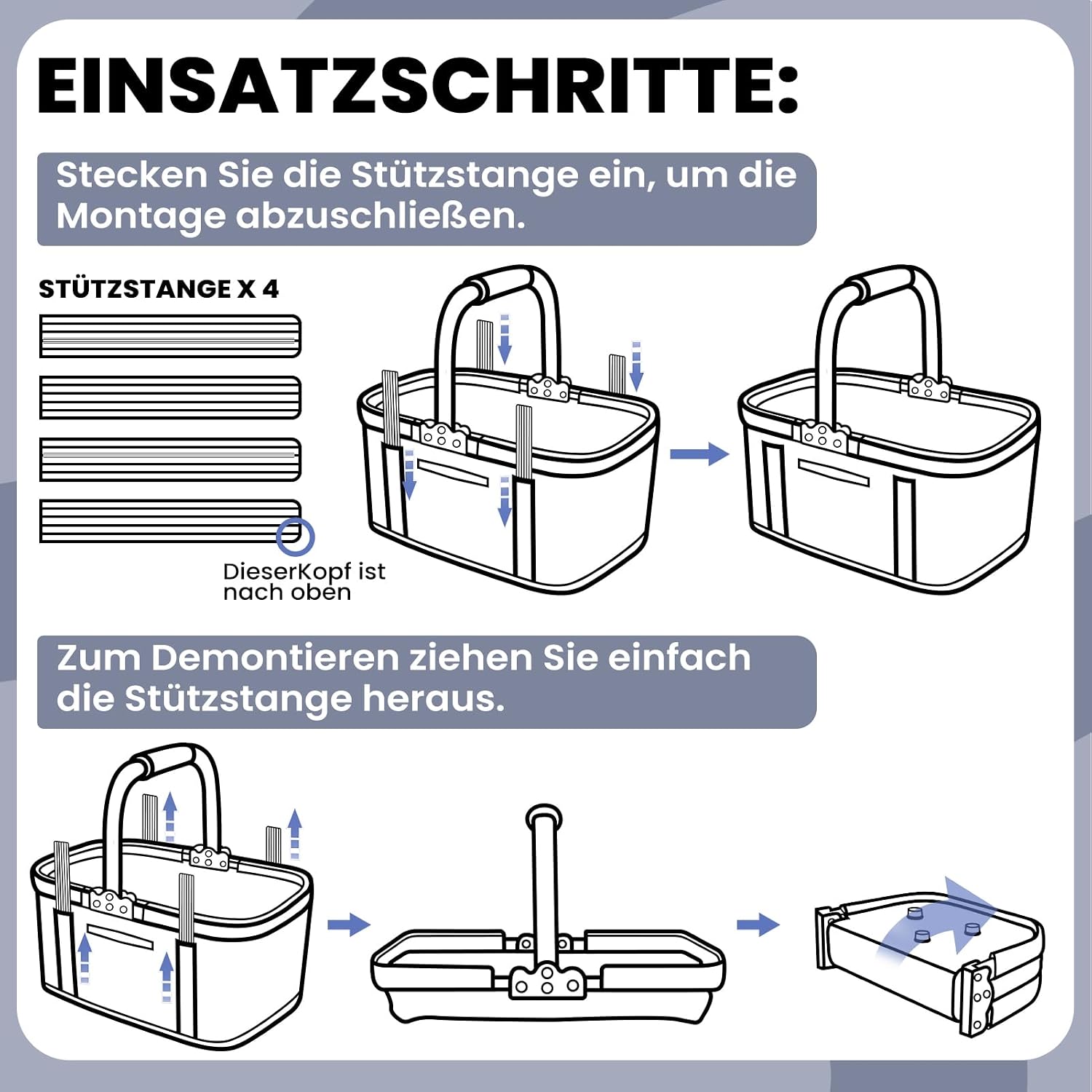 Yeabett Einkaufskorb faltbar 46x27x25 cm mit 4 Stuetzstangen gepolstert