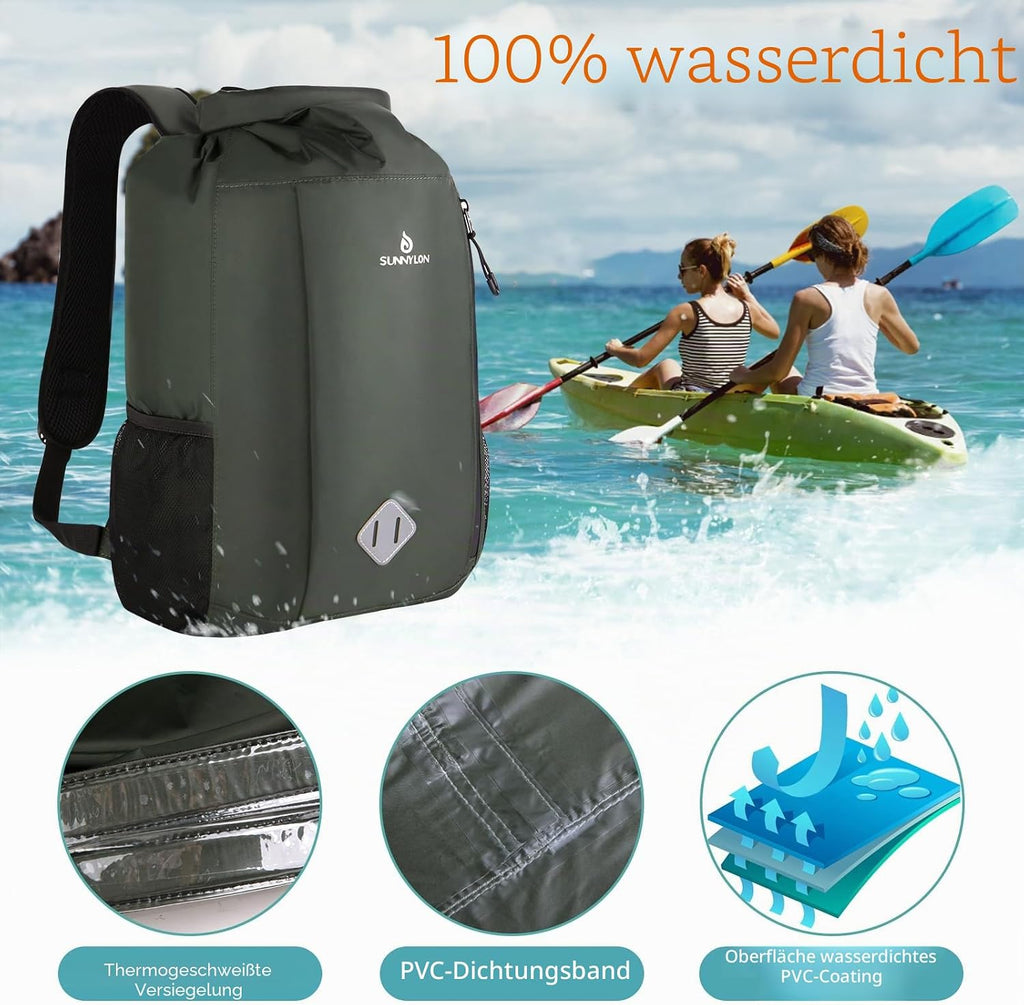 Dry Bag Rucksack 20L wasserdicht IPX8 Rolltop mit Handyhuelle fuer Kajak Strand Wa