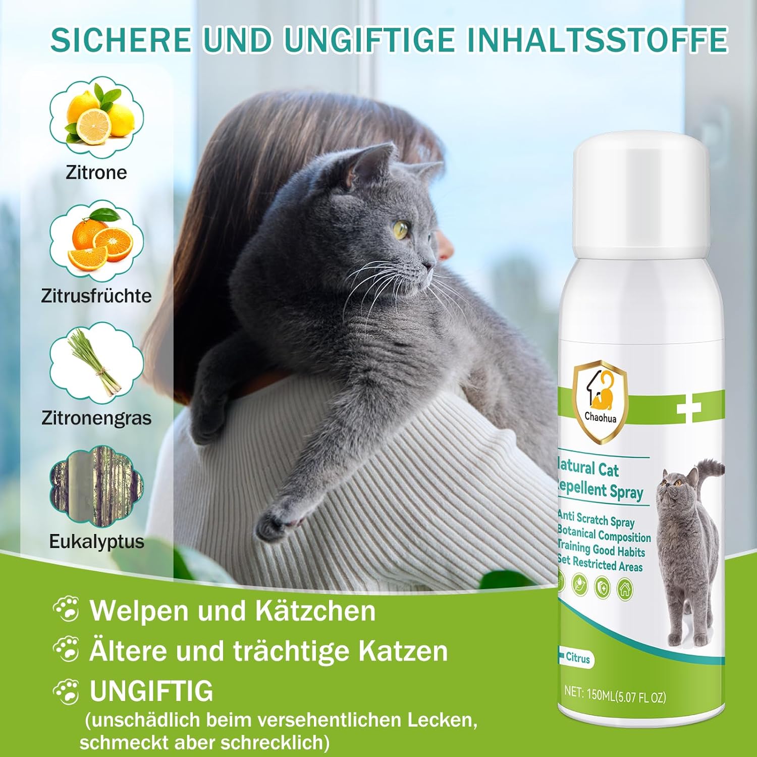 Katzenabwehrspray 150 ml fuer Innen und Aussen - Schutz fuer Moebel und Sofas