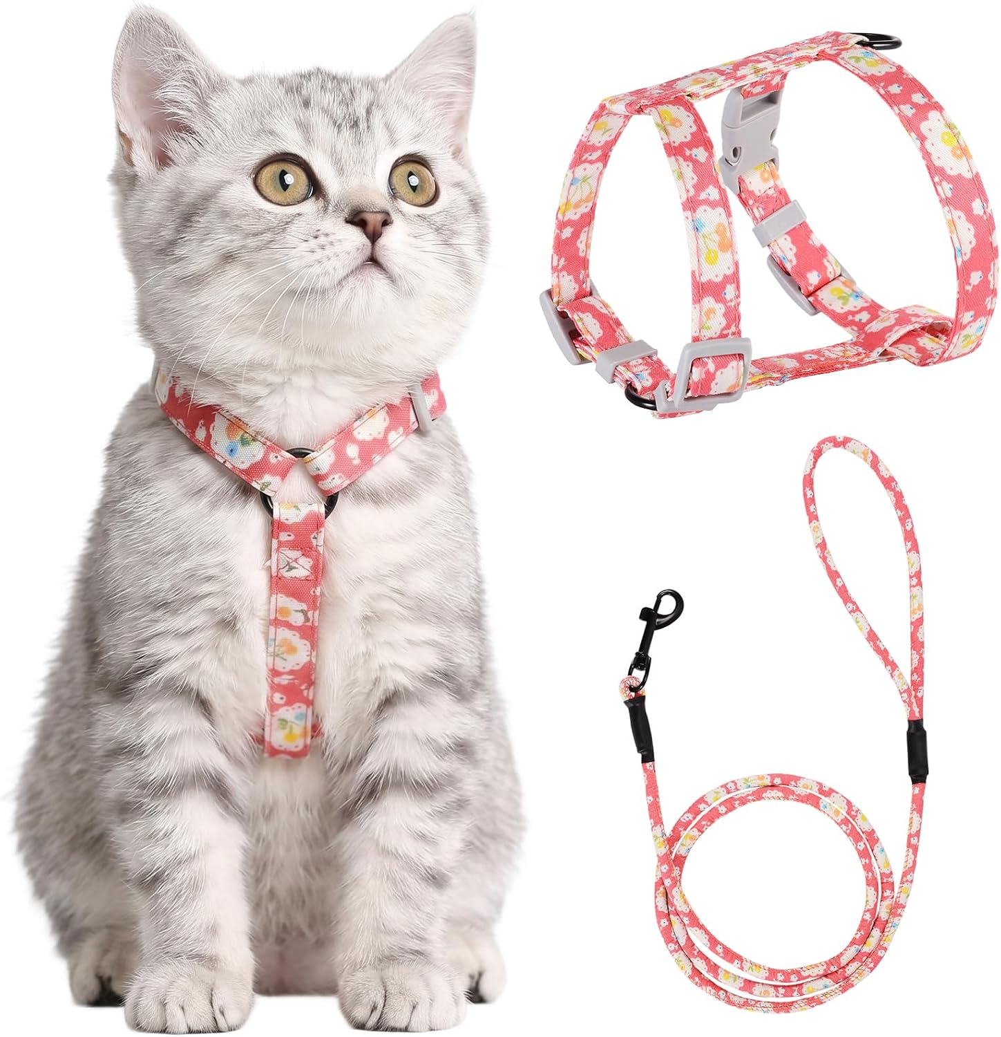 PETTOM Katzengeschirr Blumenmuster mit Leine ausbruchsicher verstellbar S-M