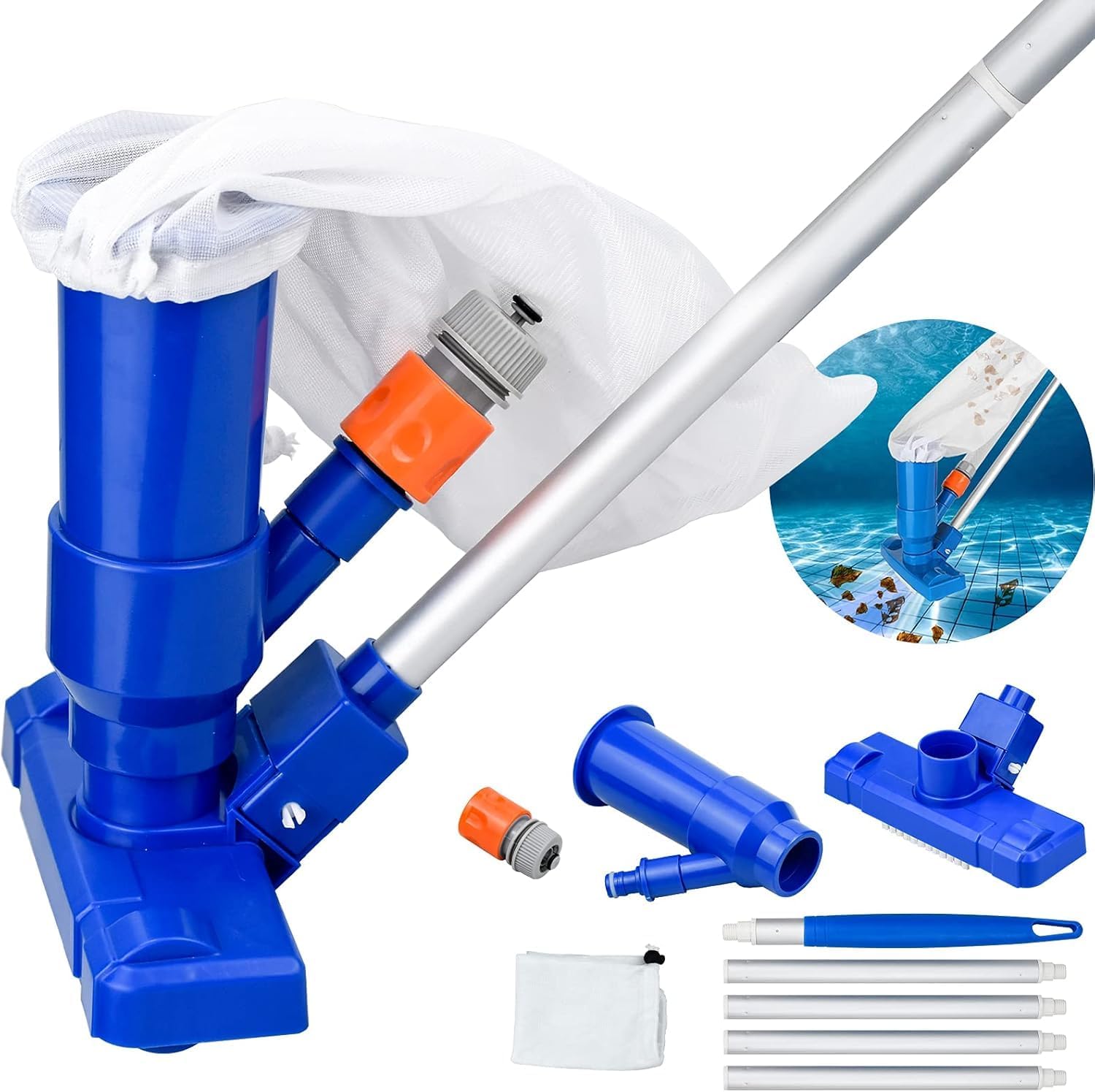 Bapao Pool-Bodensauger Set mit Teleskop-Aluminiumstange, Saugbuerste, Netzbeutel