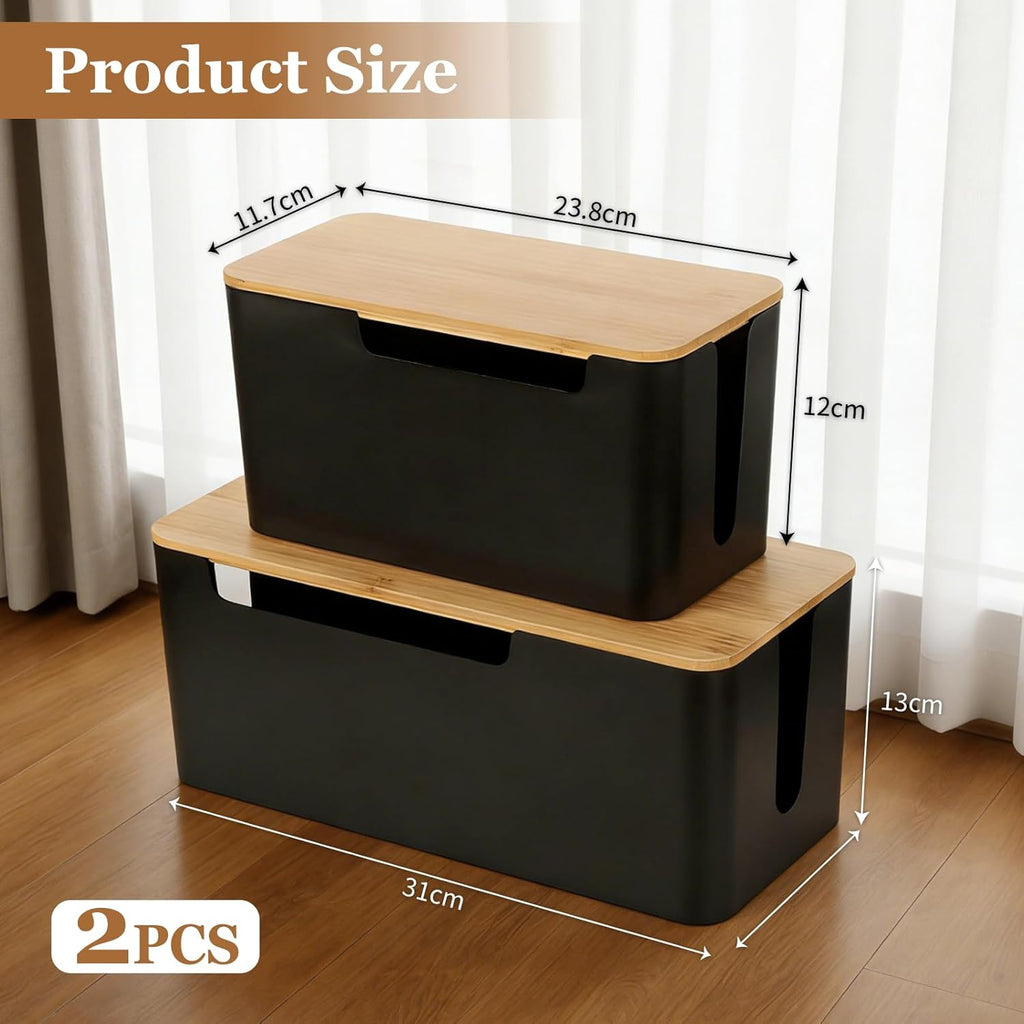 Kabelbox 2er Set schwarz gross und klein mit Holzdeckel Kabel Organizer