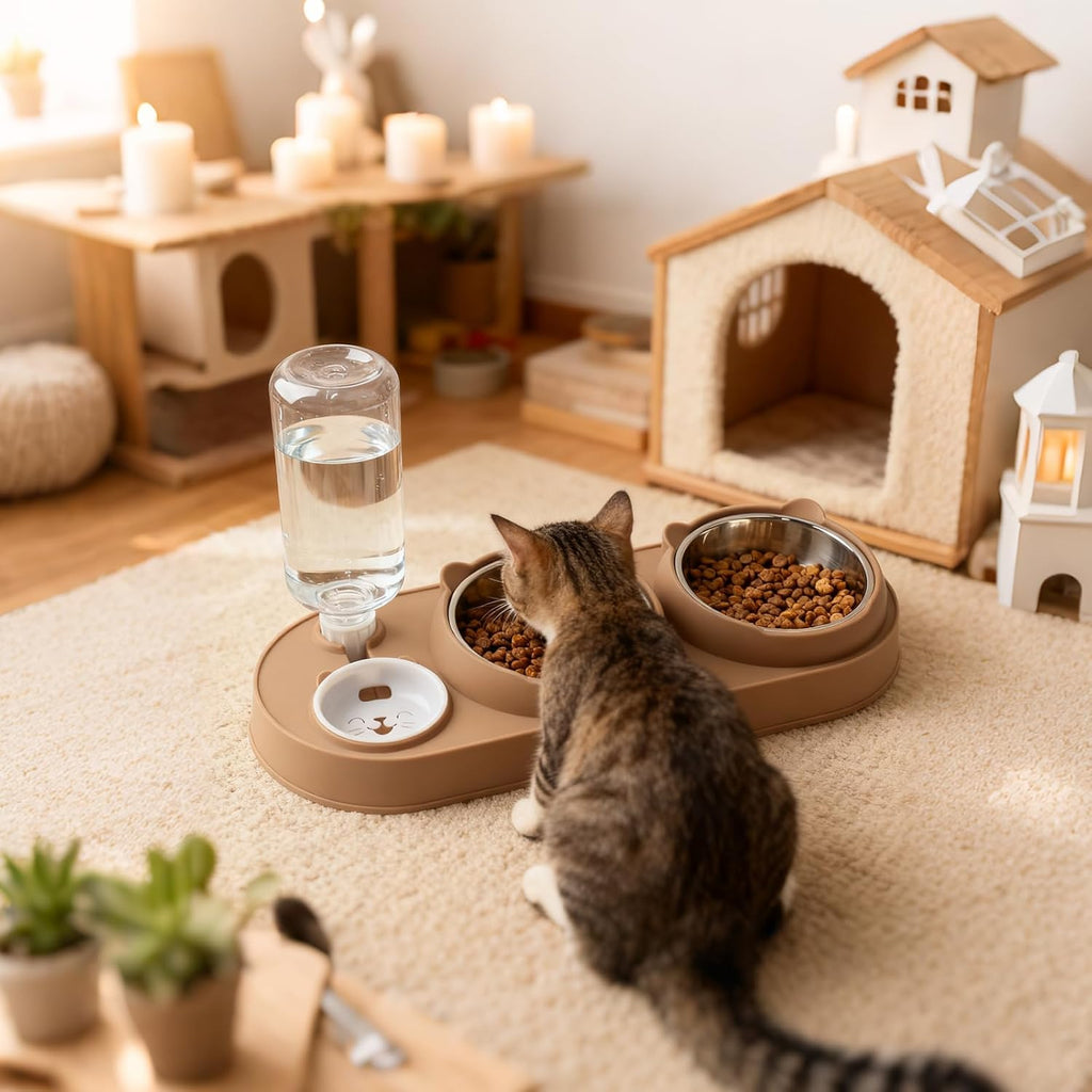 3‑in‑1 Katzennapf Set Edelstahl erhöht 15° Futternapf Wassernapf Spender