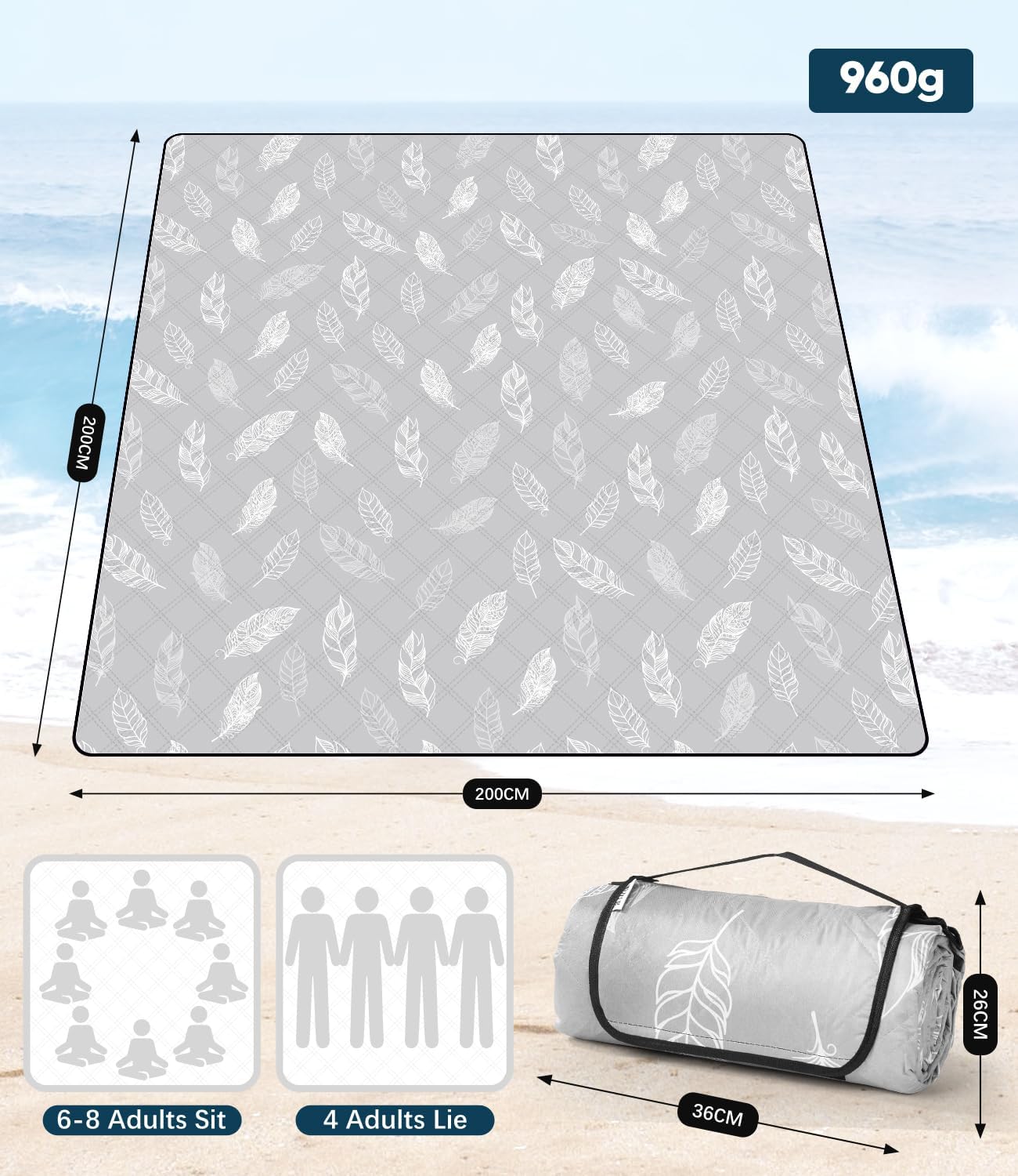 DEWUR Picknickdecke 200cm wasserdicht sandfrei XXL Campingdecke Gruen