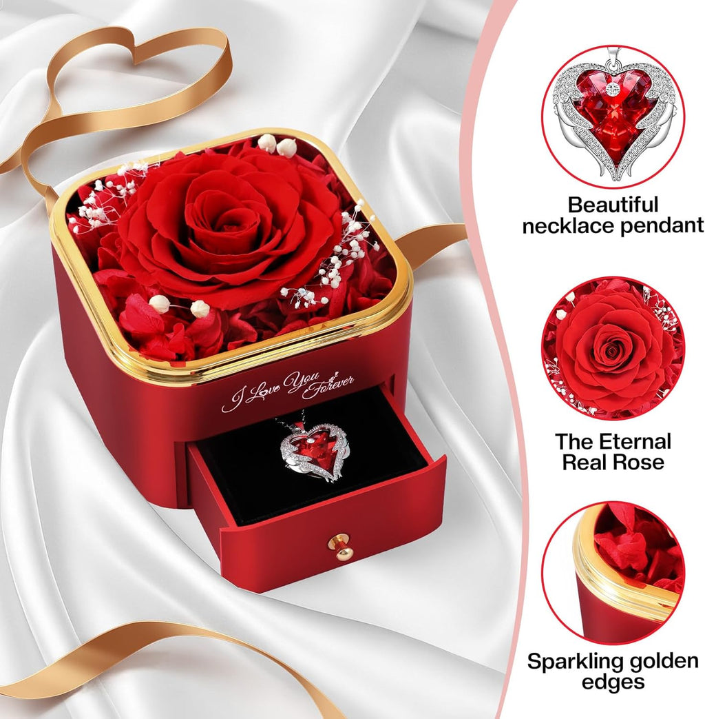 Echte konservierte Rose mit Halskette Geschenk fuer Frauen - Ewige Blume