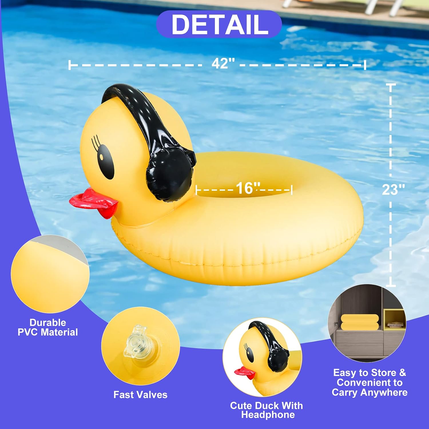 DeeprBetter Schwimmreifen Ente mit LED Licht Solar 107cm Pool Luftmatratze Badei