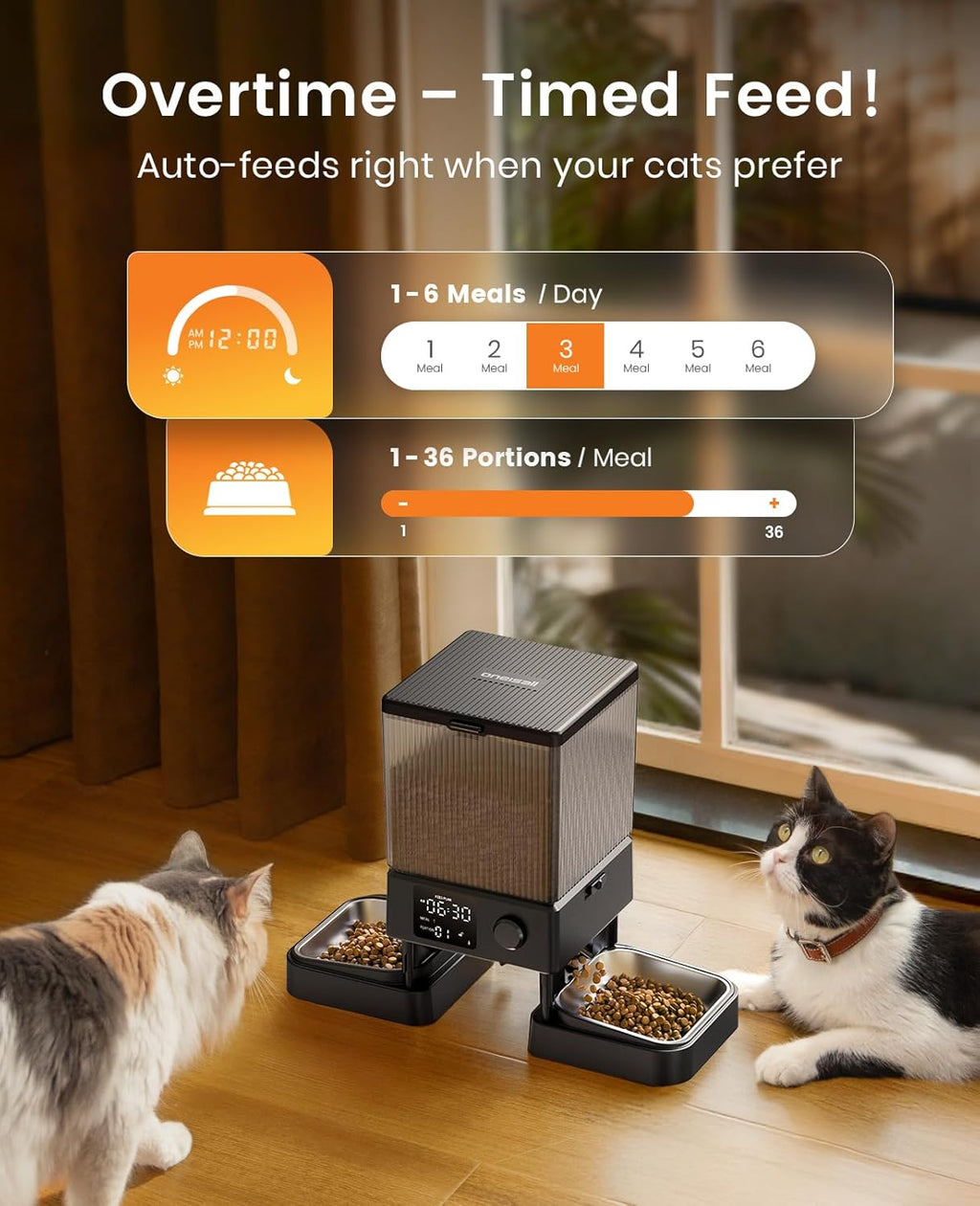 oneisall Katzenfutterautomat mit 2 Edelstahlnaepfen, App & Sprachaufnahme