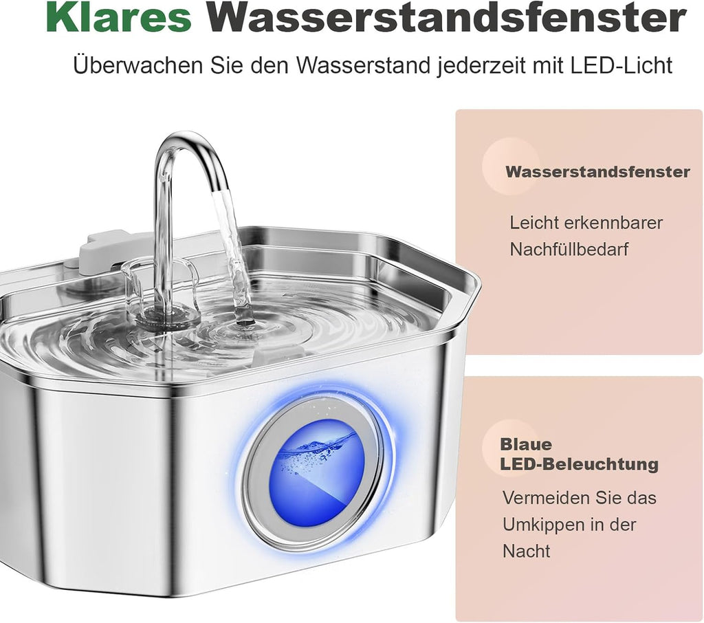 Apauk Trinkbrunnen aus Edelstahl 3,2L leise mit LED-Fenster A-2 Filter & 2 Schwae