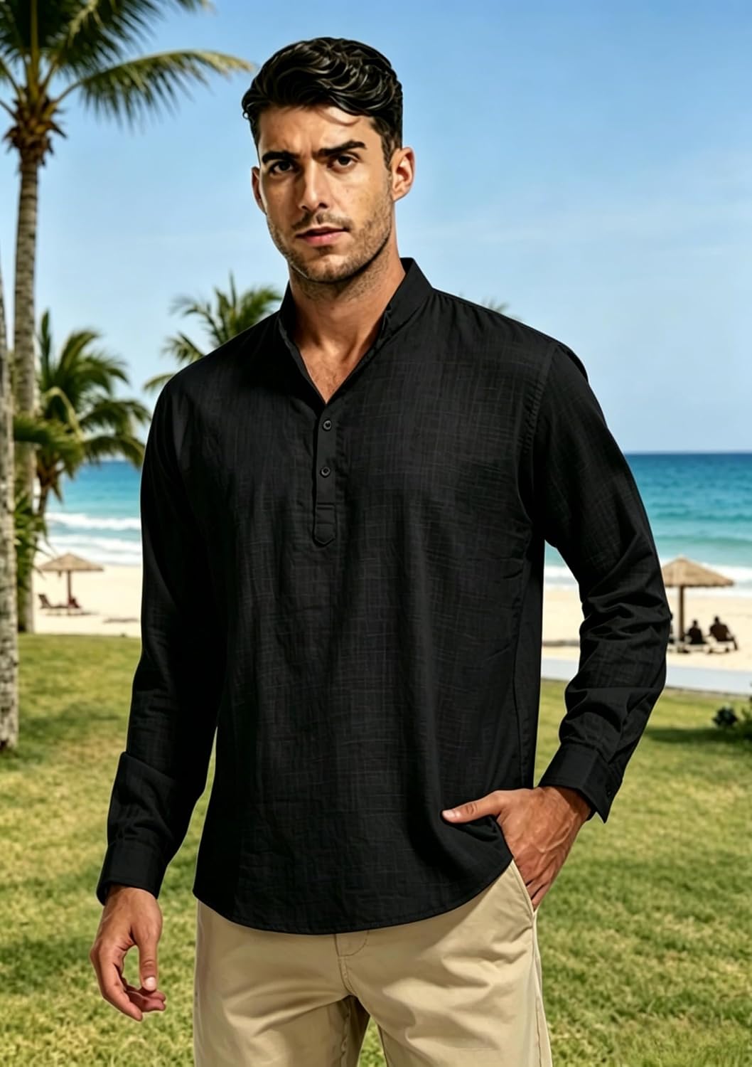 Cegerne Herren Leinenhemd Langarm Henley Sommerhemd Freizeit Strand S-3XL