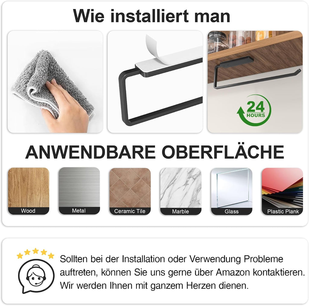 Niffgaff Kuechenrollenhalter selbstklebend 31 cm Aluminium schwarz ohne Bohren