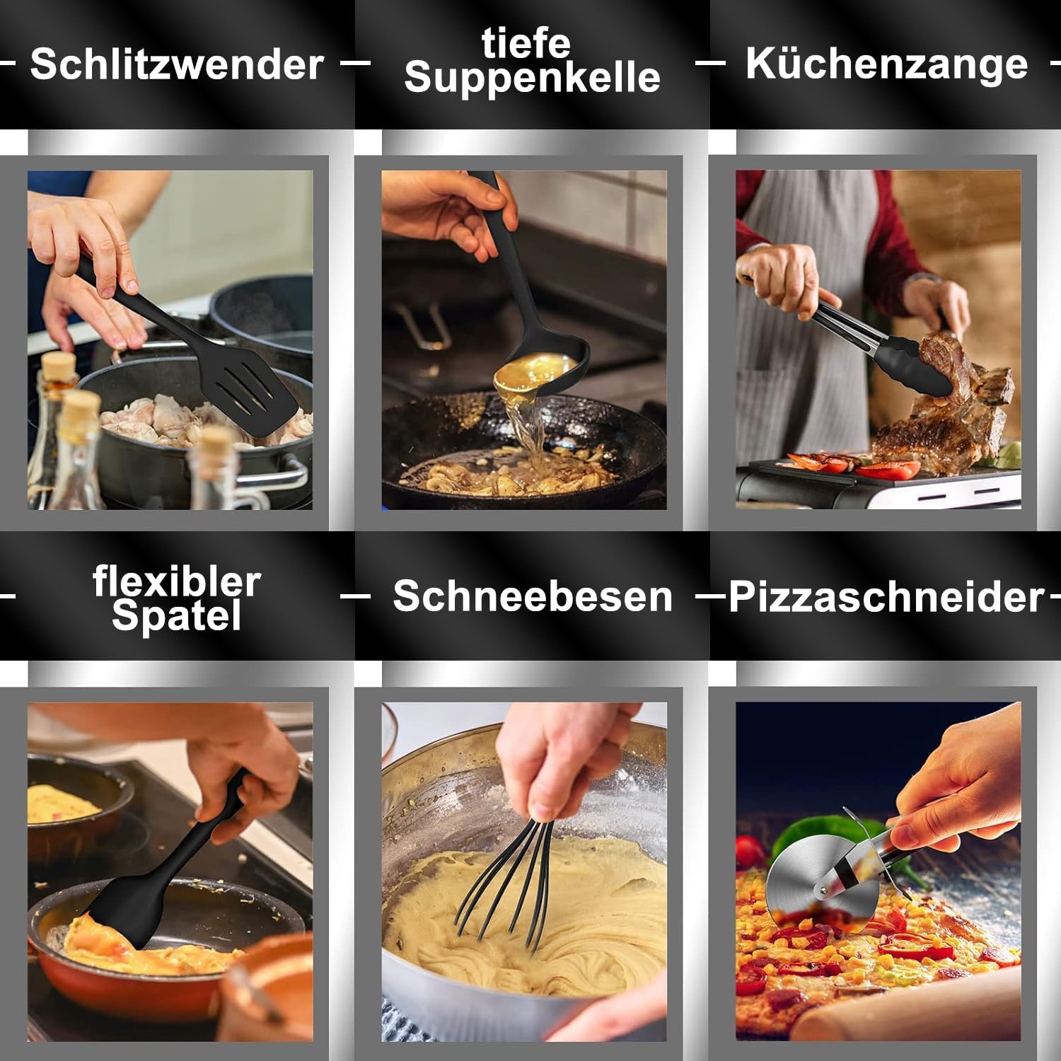 Silikon Kuechenhelfer Set 43-teilig schwarz hitzebestaendig mit Halter
