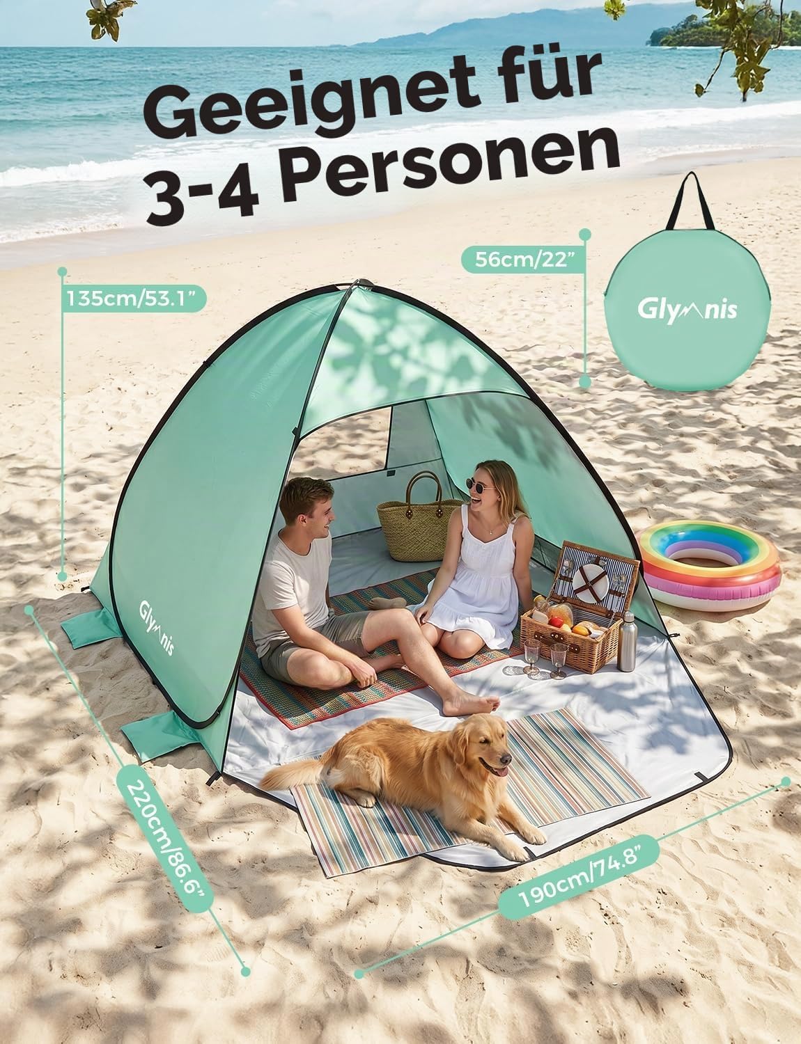 Glymnis Pop-up Strandmuschel Strandzelt UV50+ mit Reissverschlusstuer Windschutz B