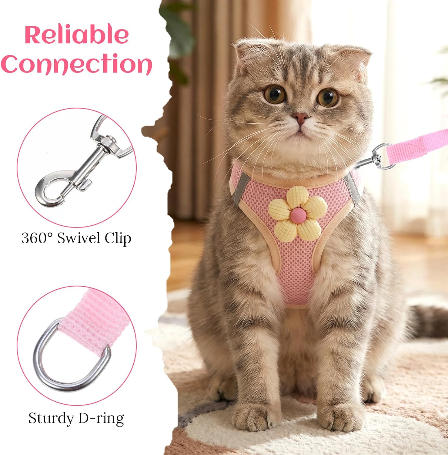Katzen Geschirr mit Leine verstellbar rosa, weich, reflektierend, lang