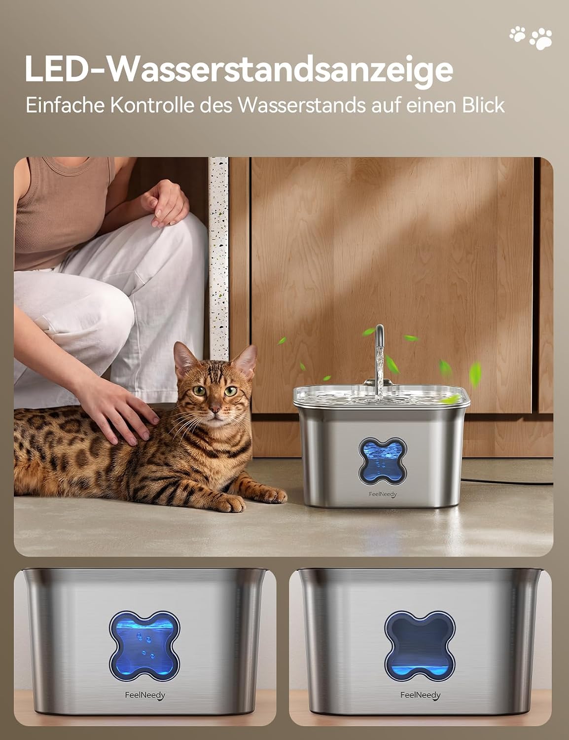 FEELNEEDY Katzenbrunnen Edelstahl 2,8L mit 4-fach Filter leise mit LED