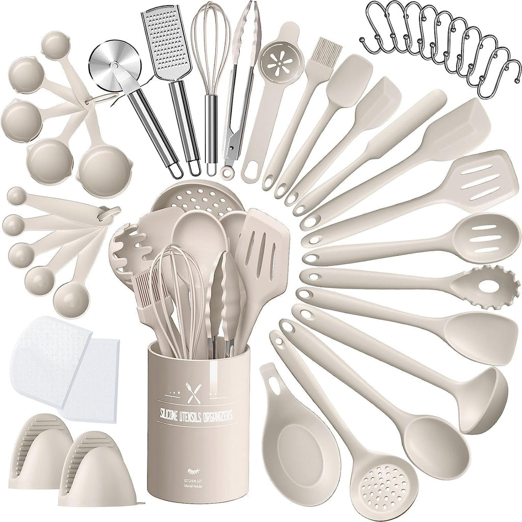 Silikon Kuechenhelfer Set 43-teilig schwarz hitzebestaendig mit Halter