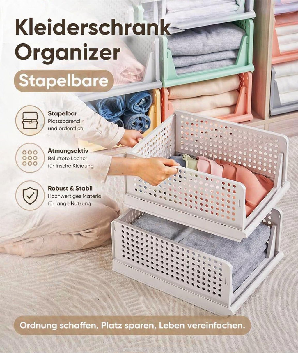 4er Set Stapelboxen Kleiderschrank Organizer Kunststoff Grau RMAN