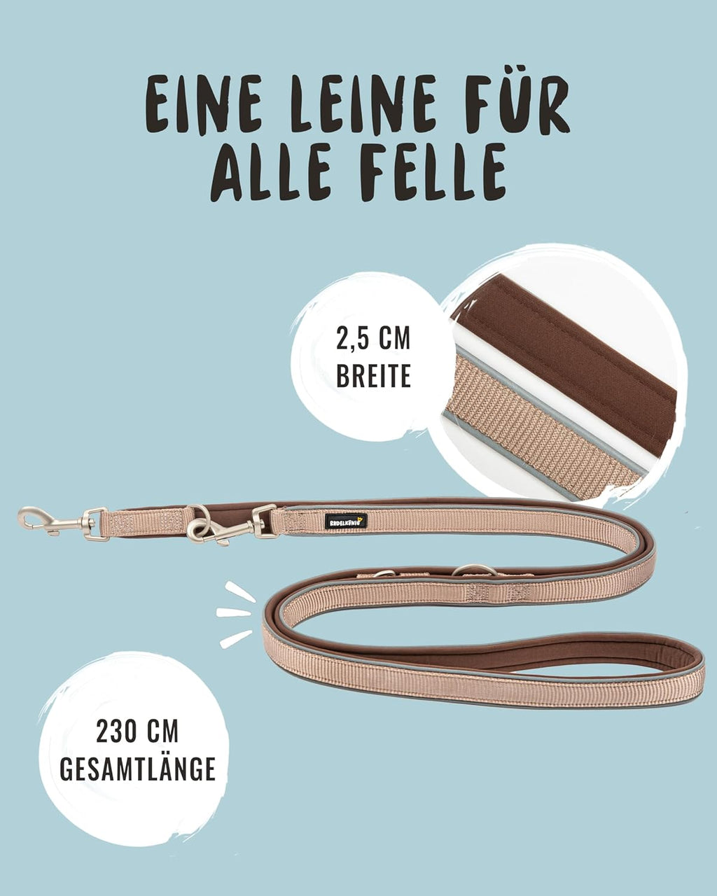Rudelkoenig Fuehrleine Paola 2,30 m verstellbar reflektierend 1,5cm-2,5cm