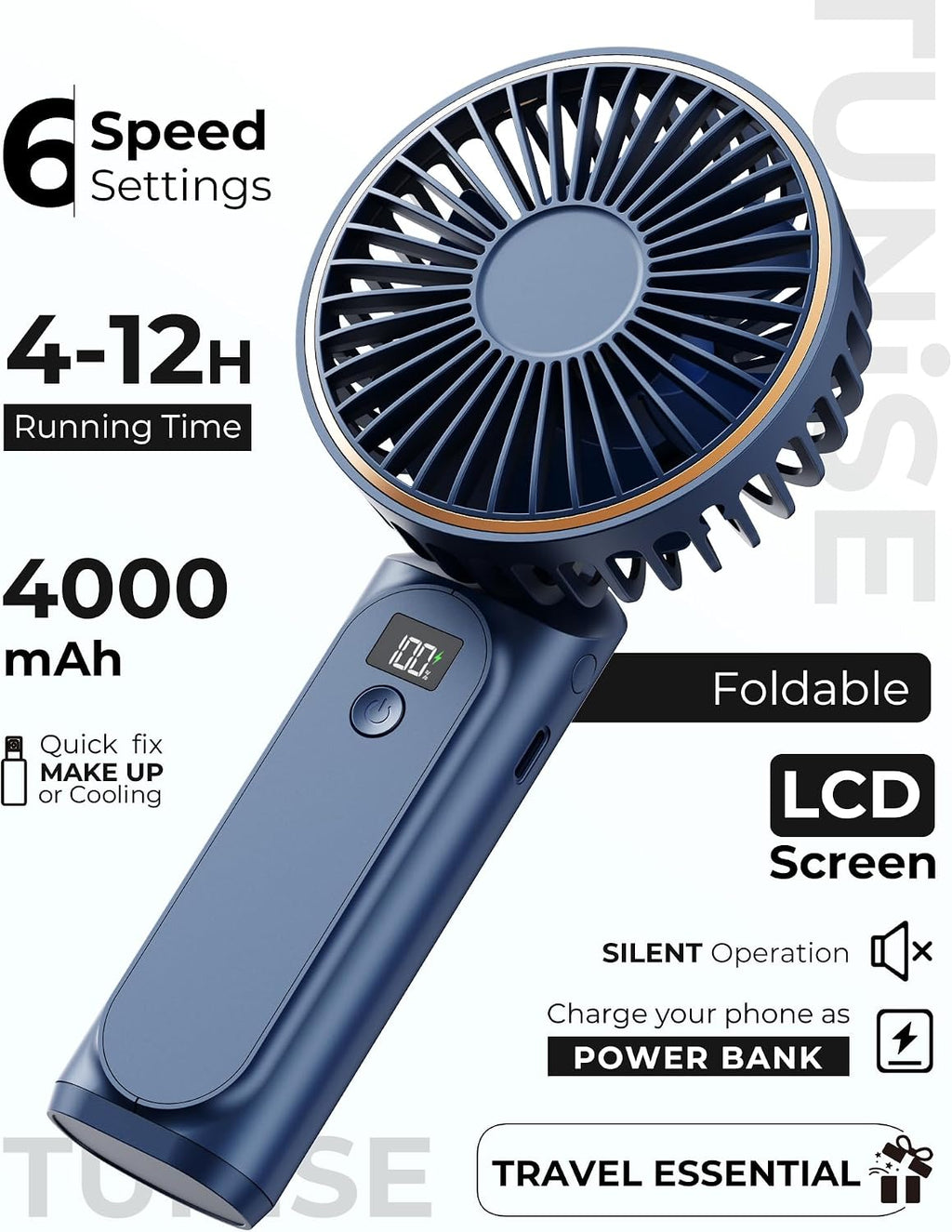 Mini Ventilator tragbar 4000mAh 180° verstellbar 6 Stufen mit Powerbank LED-Disp