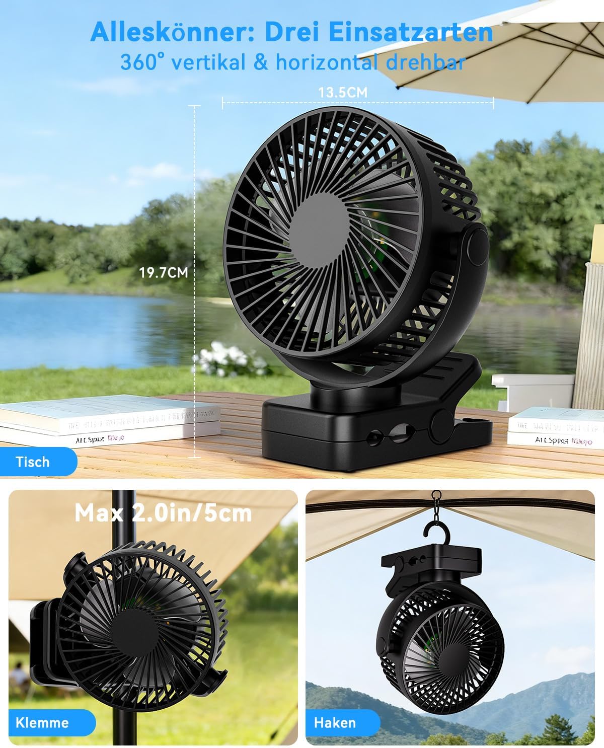 USB Tischventilator mit 12000mAh Akku, Clip, Fernbedienung, Licht, Timer, 360°