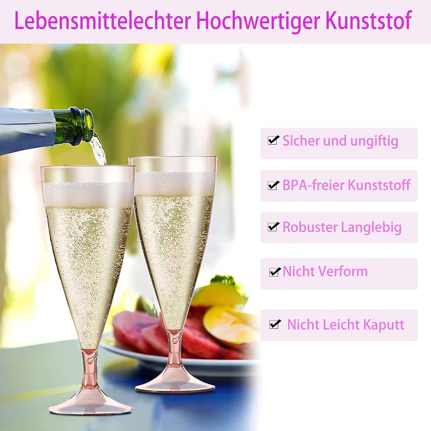 5er-Set Kunststoff Sektglaeser stapelbar Pink - Mehrweg, tragbar