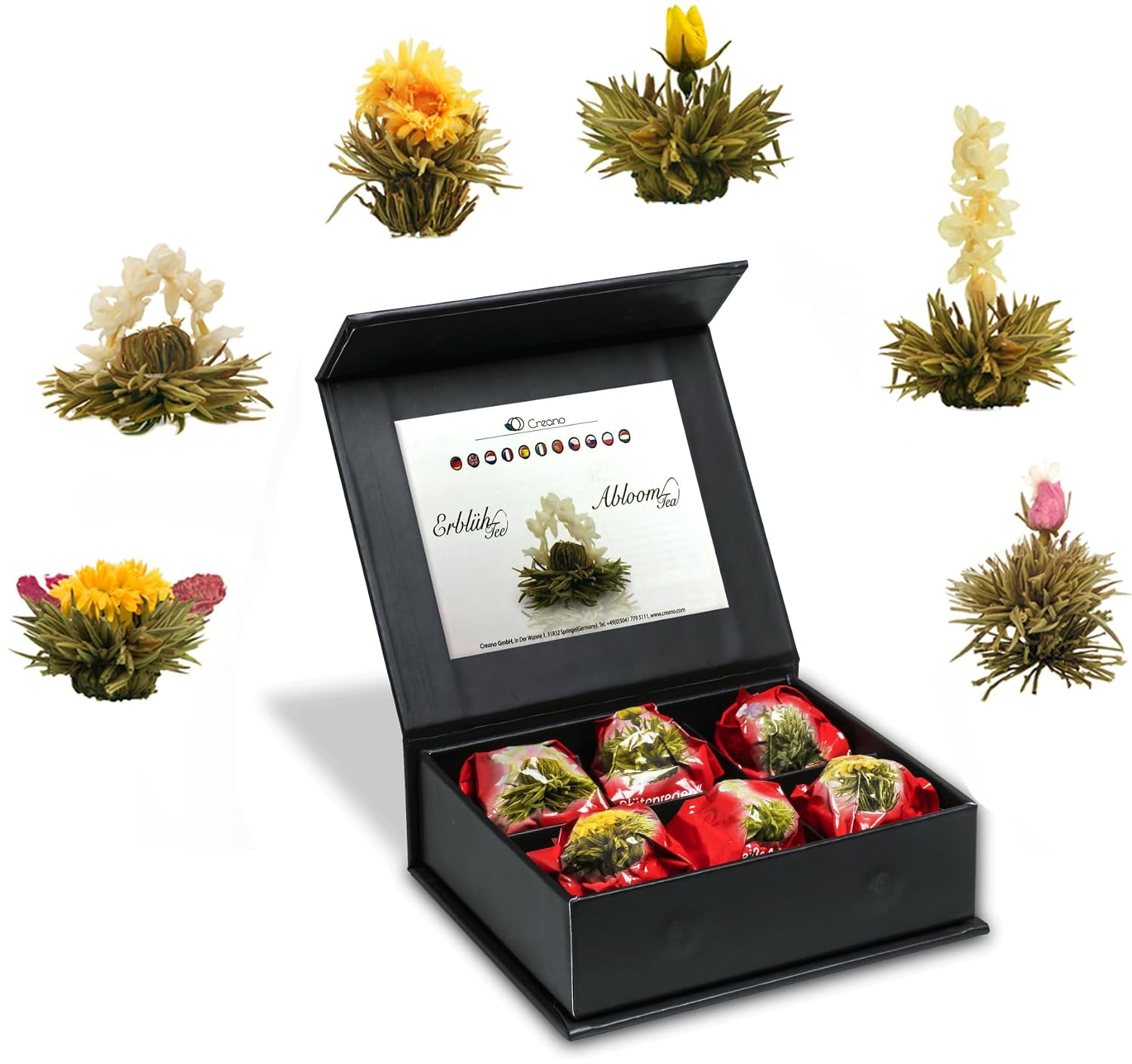 Creano Teeblumen Geschenkbox 6 Sorten Magnetbox Weiss Gruen Schwarz, verschiedene