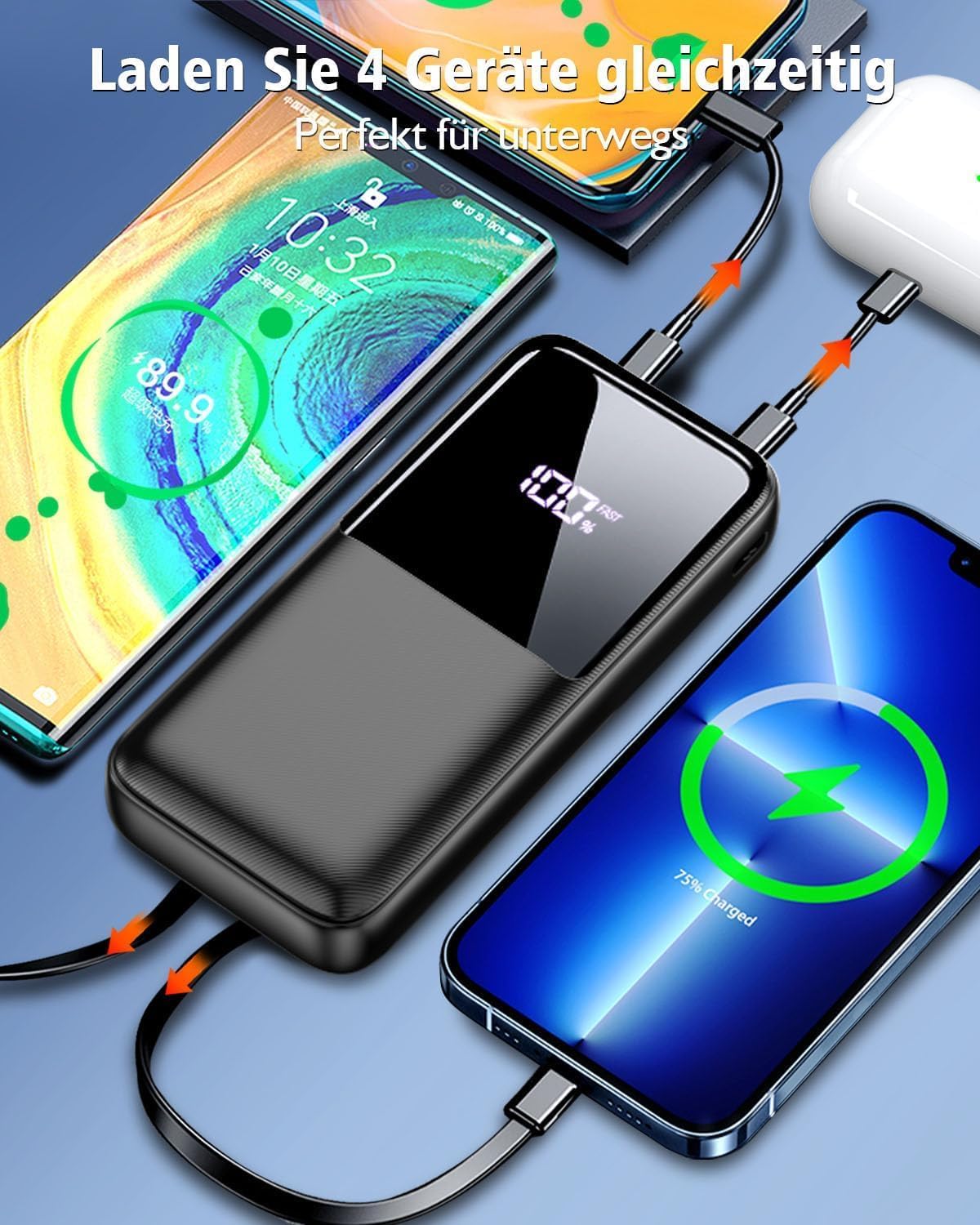 Powerbank 26800 mAh 22,5W USB-C Schnellladung 3 Anschluesse 2 Kabel Schwarz