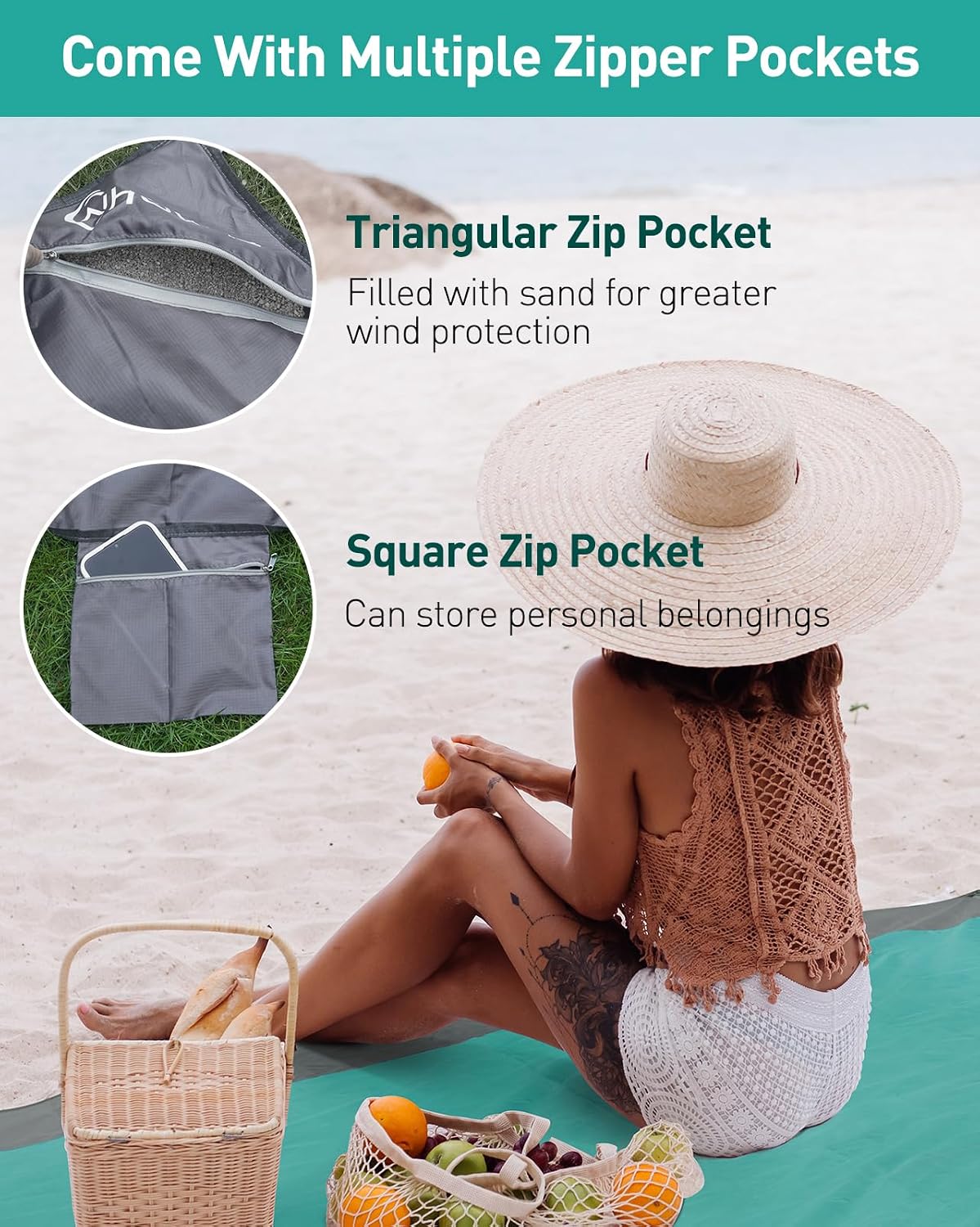 Sandfreie Stranddecke 210×200 cm wasserdicht ultraleicht mit 3 Reissverschlusstas