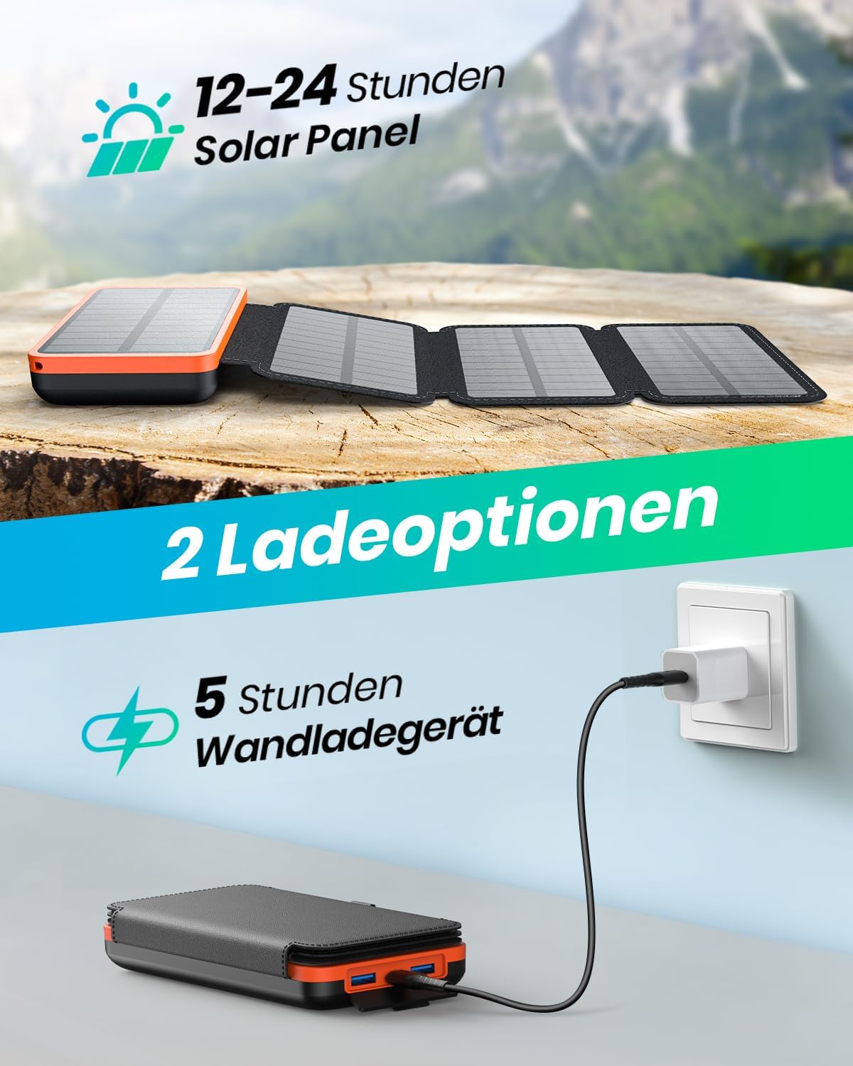 ADDTOP Solar Powerbank 20000 mAh 22,5W USB-C PD + 2x USB-A, 4 Solarpanels