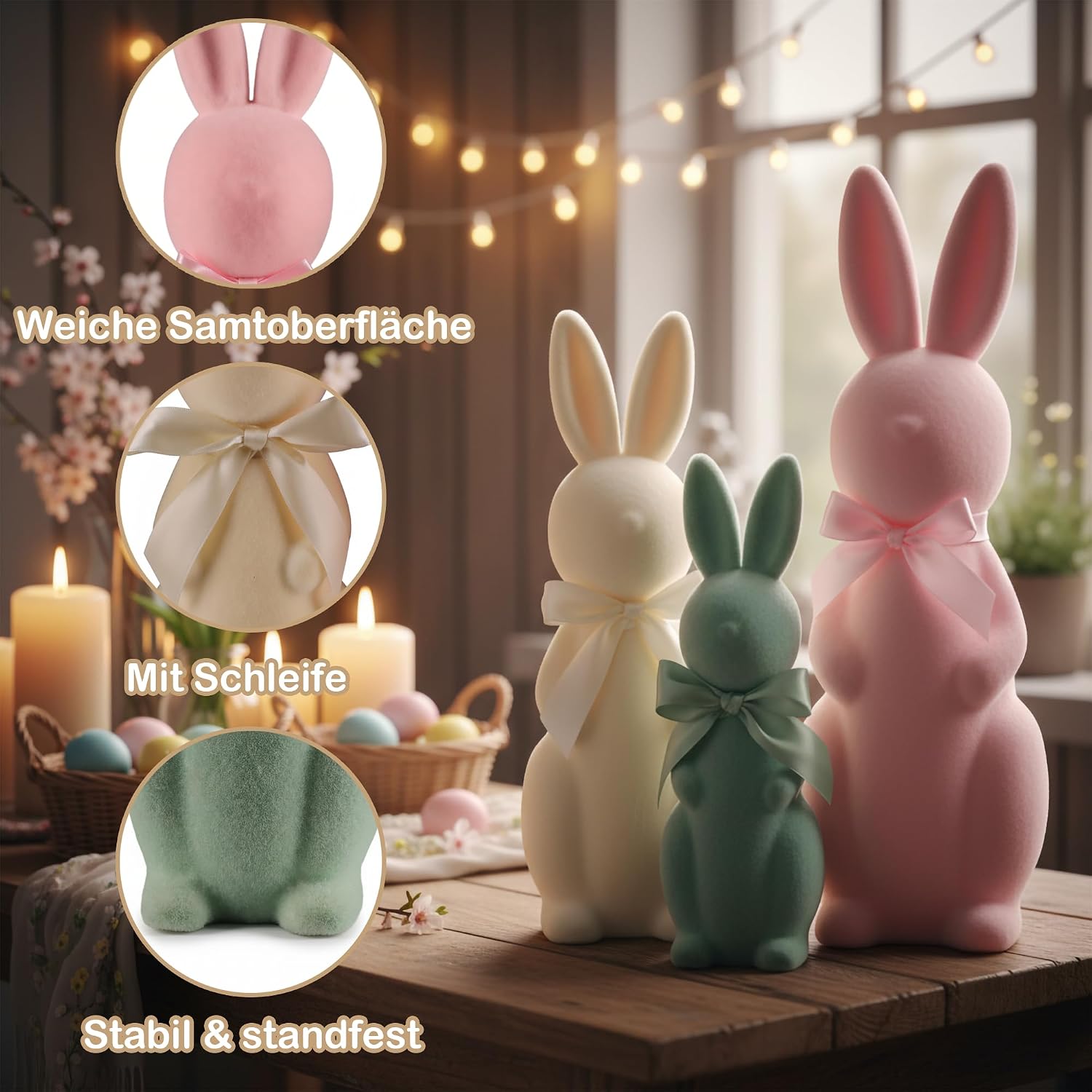 Deko Hasen 3er Set pastell flauschig Tischdeko Osterhase Figuren
