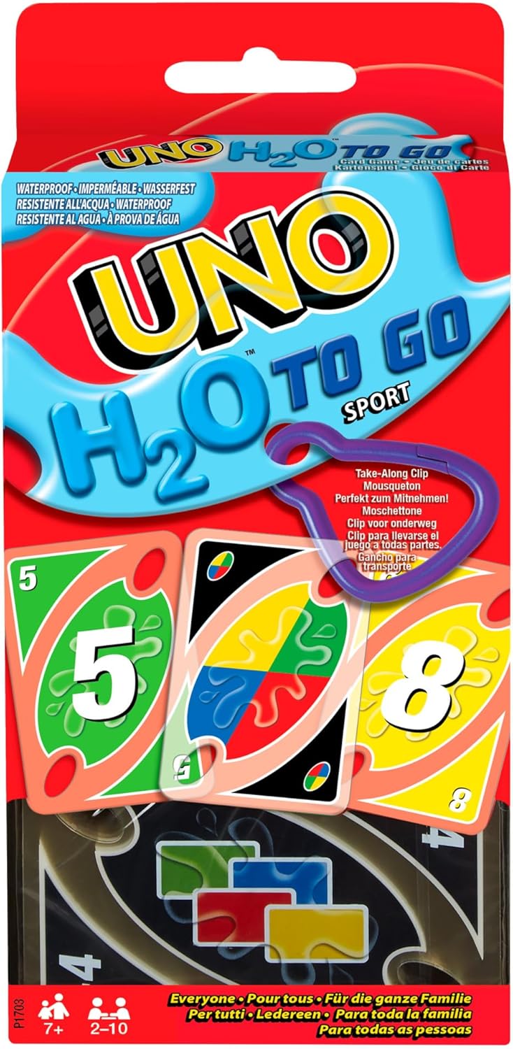 Mattel Games UNO H2O To Go wasserfestes Kartenspiel mit Karabiner 2-10 Spieler