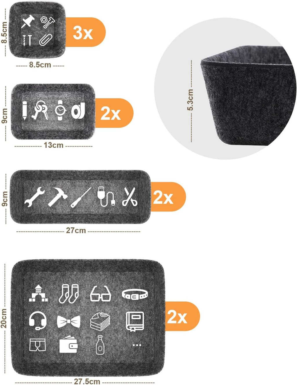 Filz Schubladen-Organizer 9er Set, Aufbewahrungsboxen 4 Groessen fuer Buero Tisch