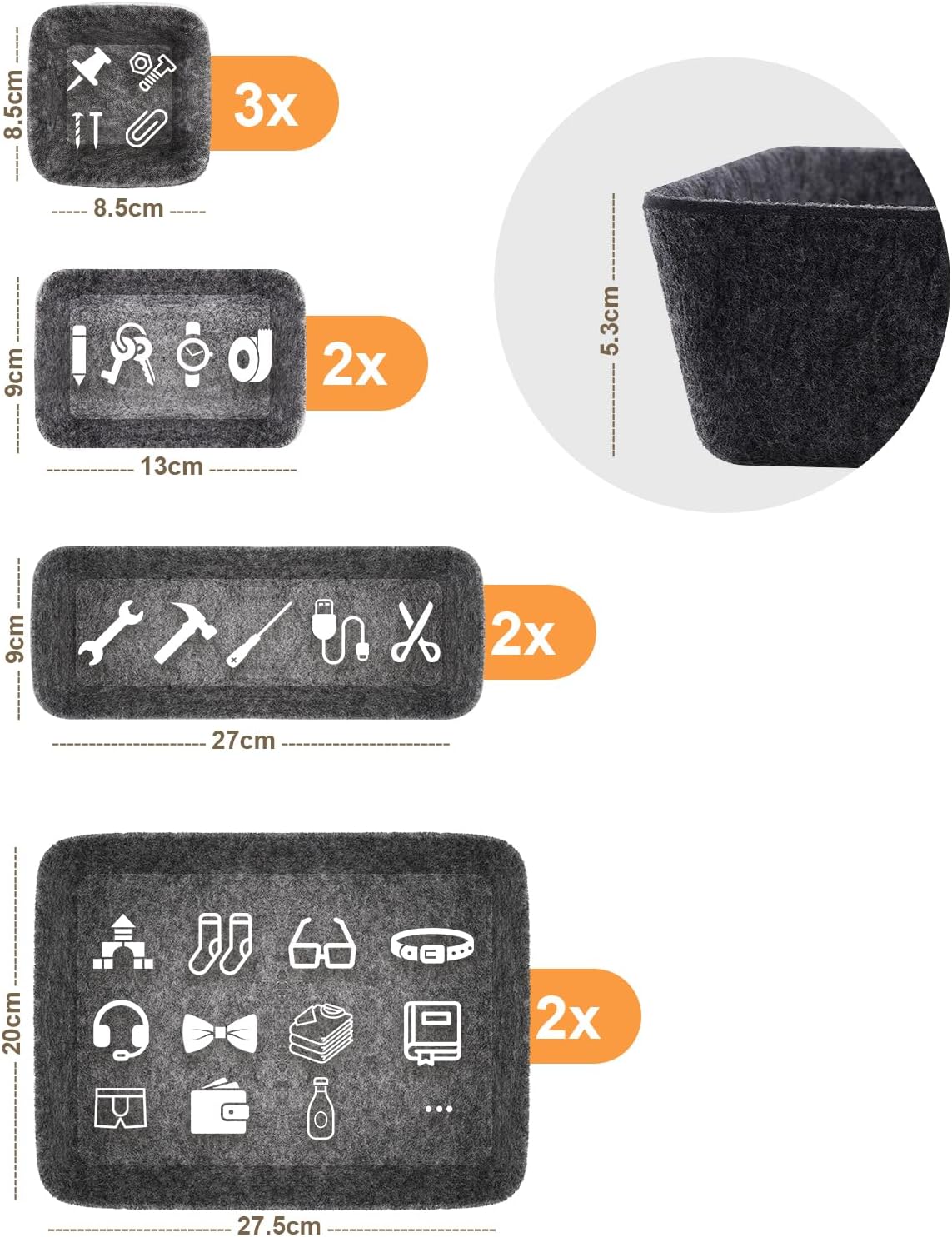 Filz Schubladen-Organizer 9er Set, Aufbewahrungsboxen 4 Groessen fuer Buero Tisch