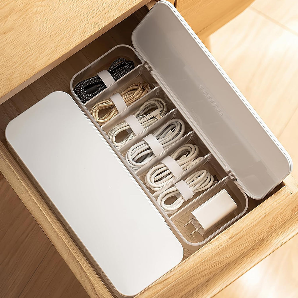 Kabelaufbewahrungsbox transparent 2er Set mit Faechern und Kabelbindern