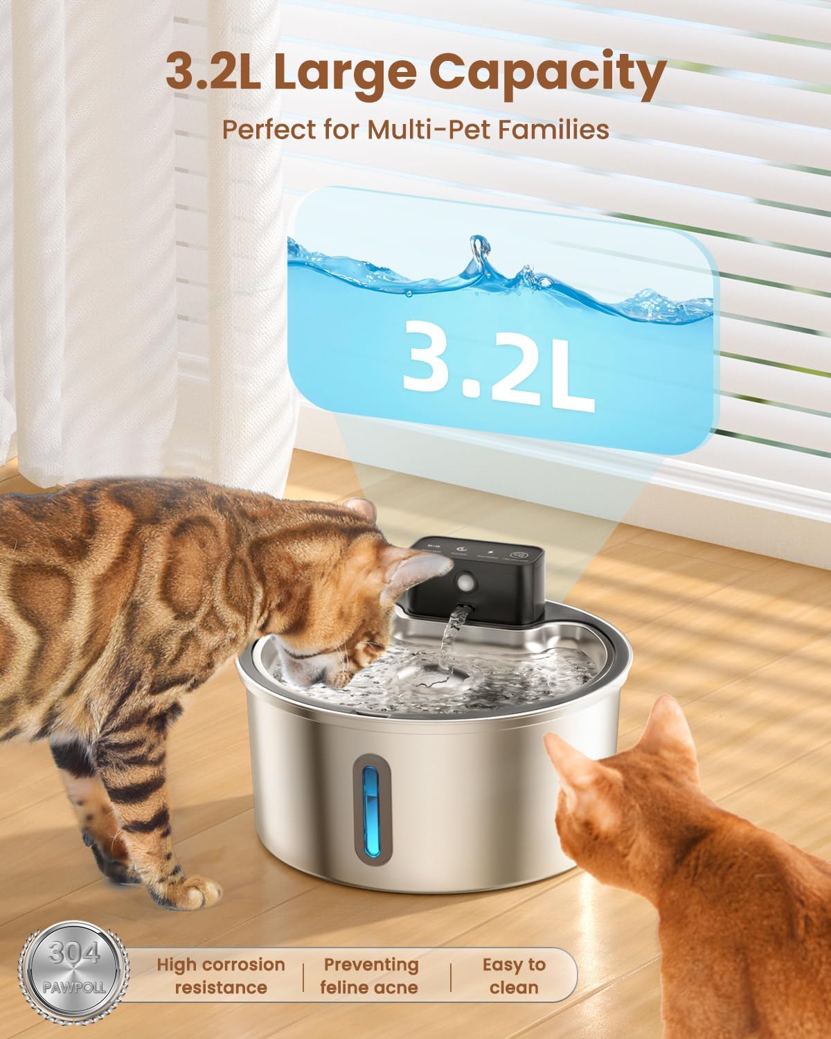 PawPoll kabelloser Katzenbrunnen Edelstahl 4200mAh Leise Pumpe LED BPA-frei
