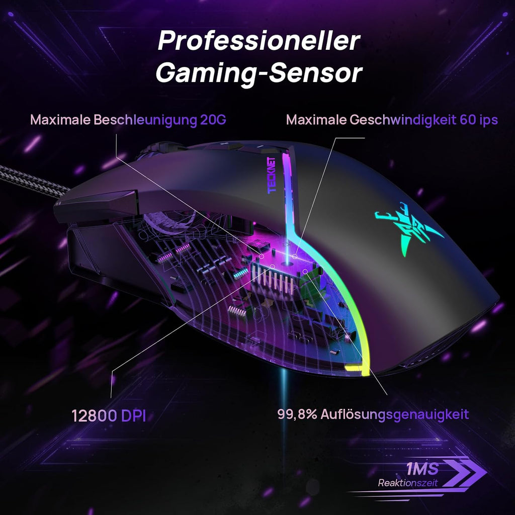 TeckNet Gaming-Maus kabelgebunden 12800 DPI RGB 8 Tasten Rechtshaender