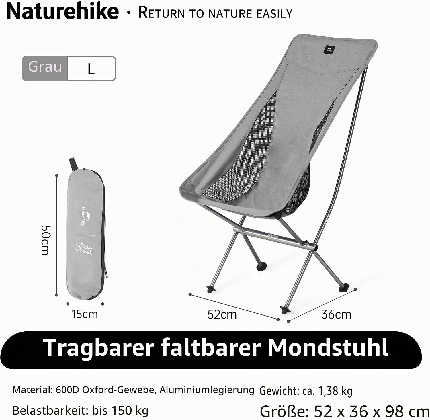 Naturehike Campingstuhl Ultraleicht klappbar bis, Schwarz