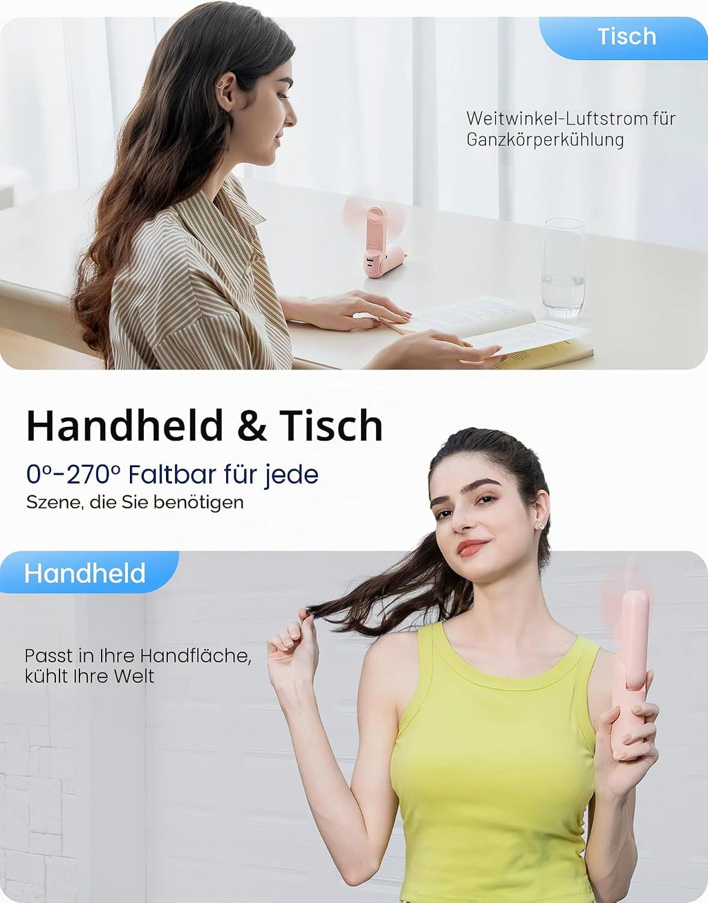 JISULIFE Mini Handventilator 3in1 mit 4500mAh Powerbank USB Akku Taschenlampe We