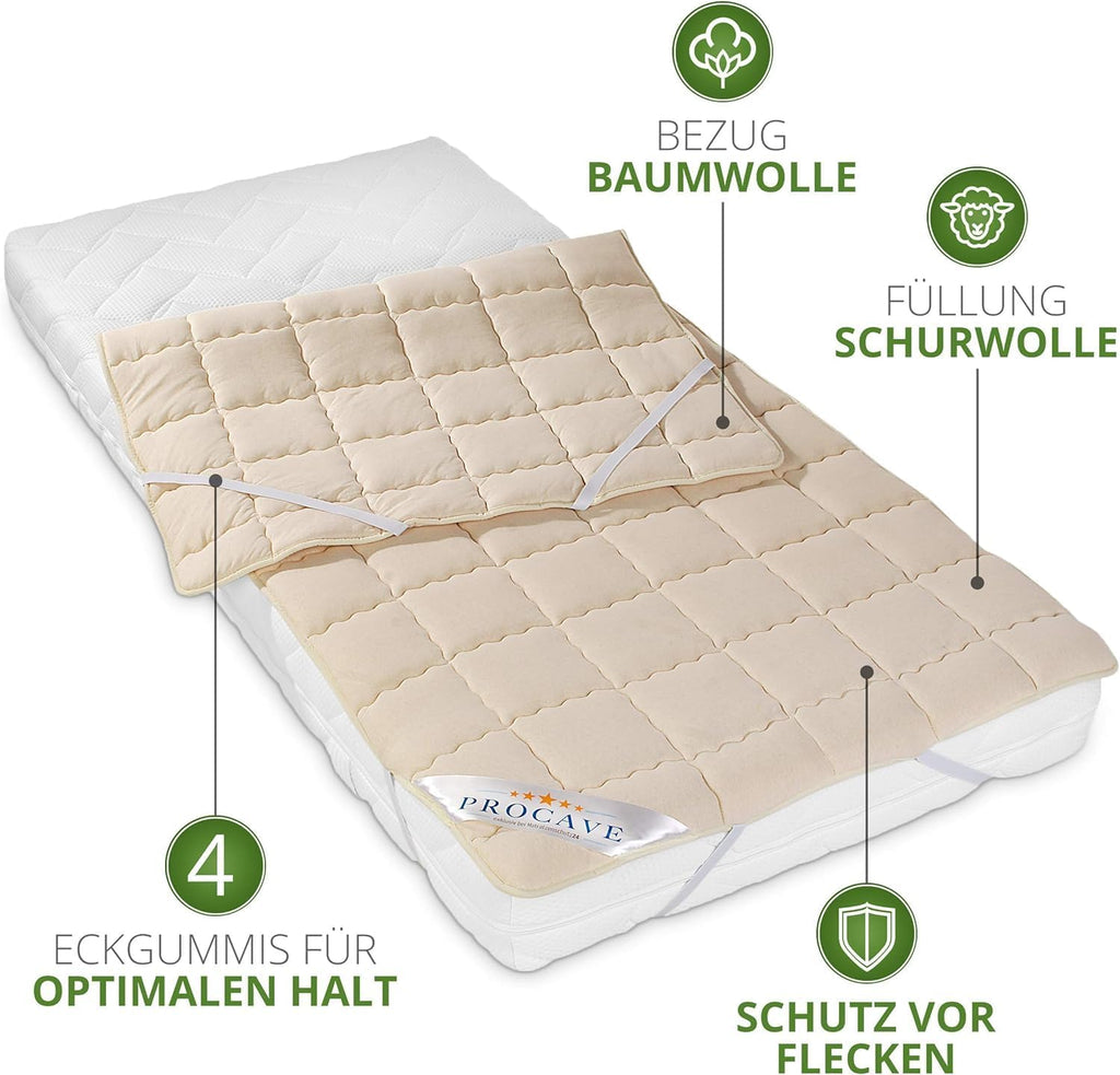 PROCAVE weiches Unterbett aus Schurwolle, atmungsaktiver Matratzen-Schoner, Matr
