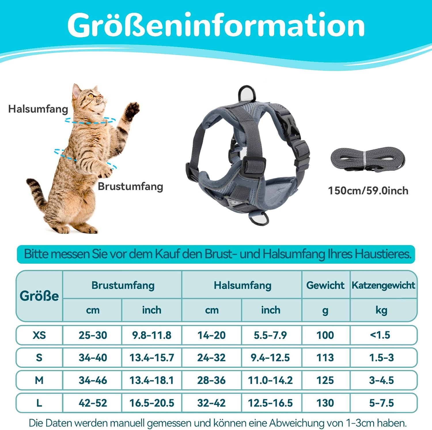 Katzengeschirr ausbruchsicher verstellbar mit Leine Gr. XS-L Blau