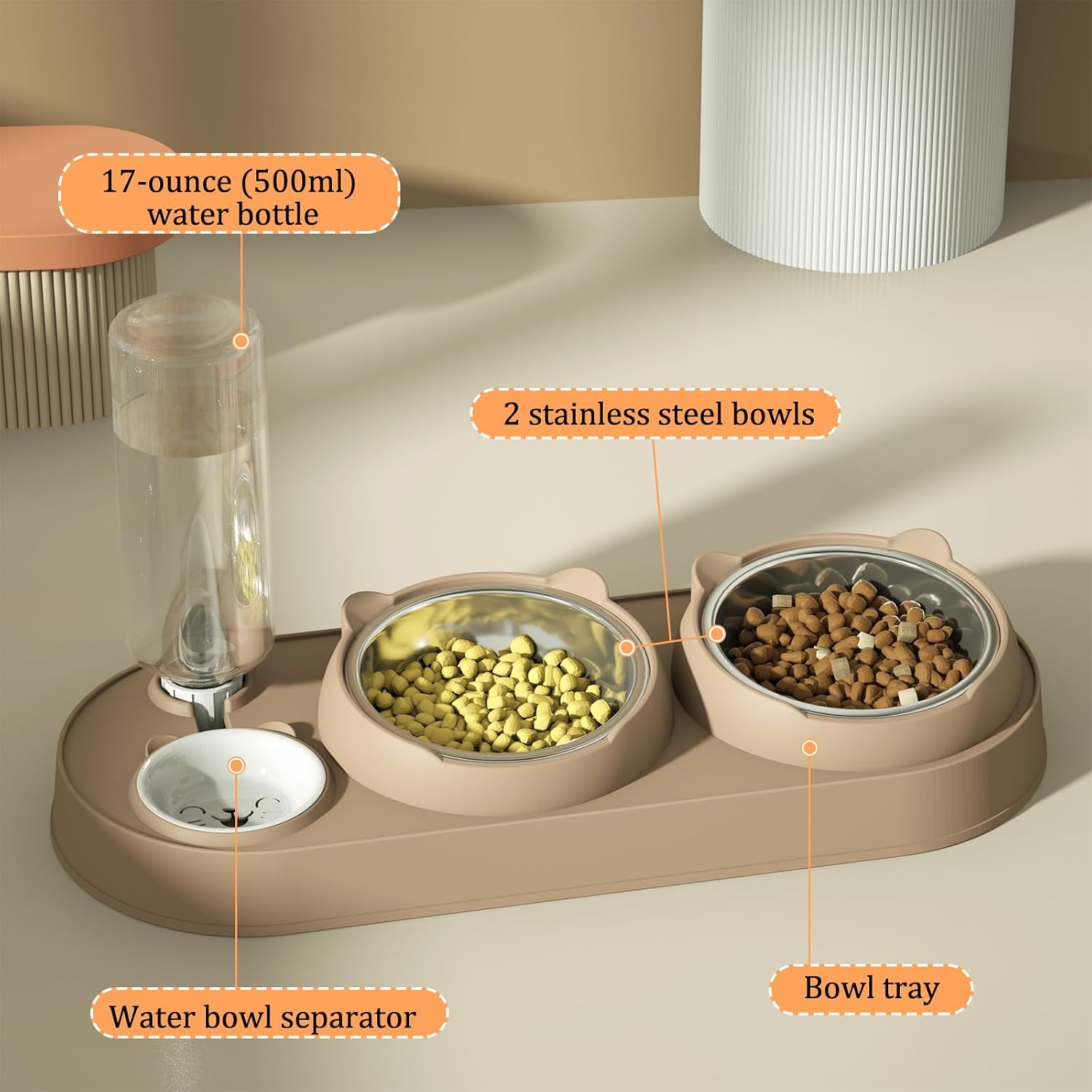 3‑in‑1 Katzennapf Set Edelstahl erhöht 15° Futternapf Wassernapf Spender